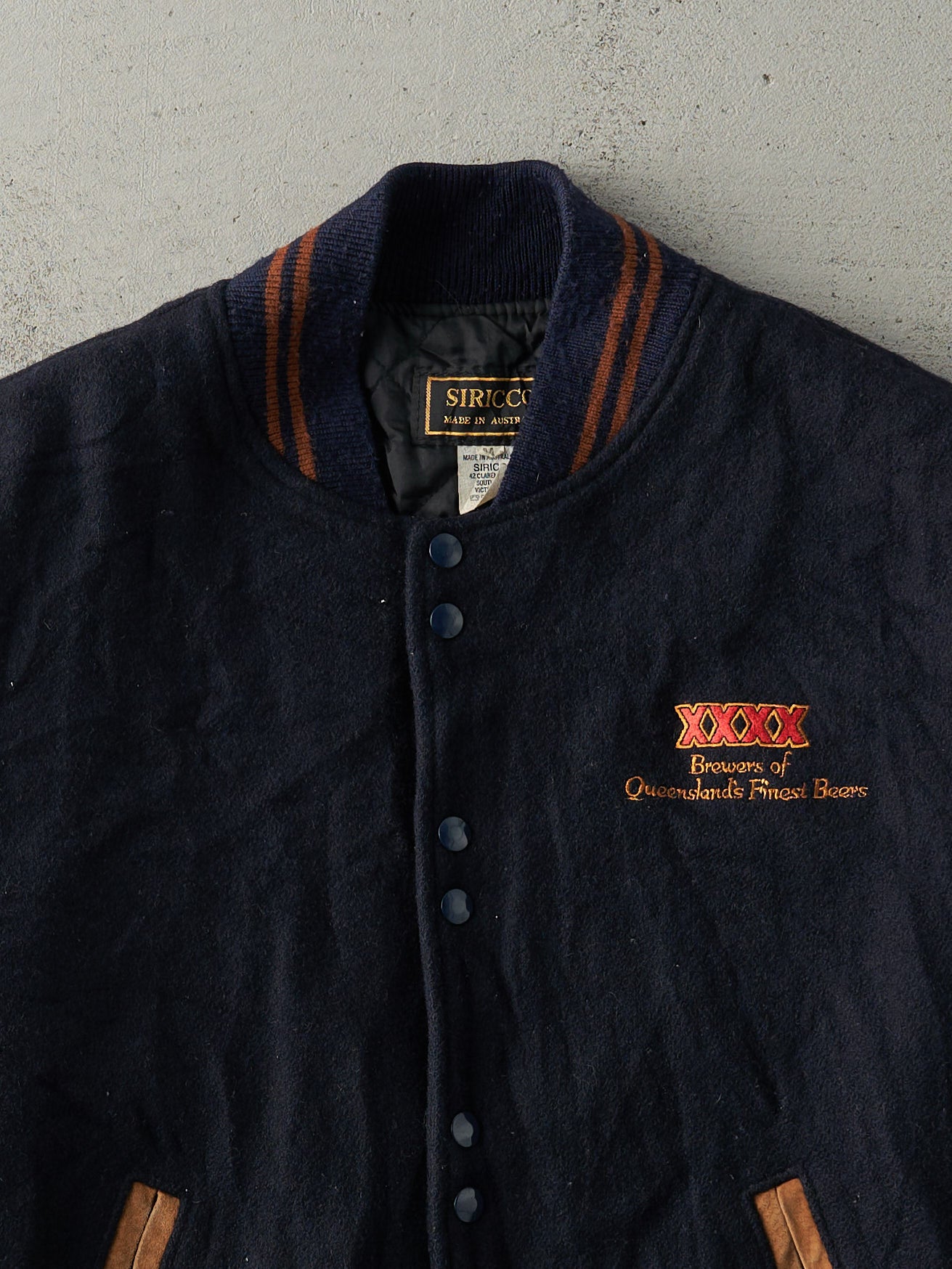 Vintage 80s Navy Blue XXXX Beer Wool Varsity Jacket (L)