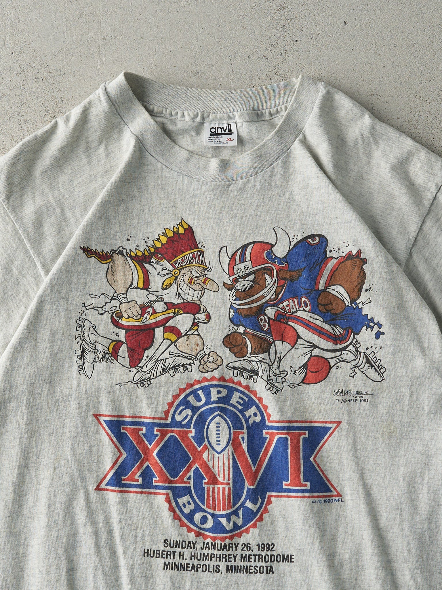 Vintage 92' Heather Grey XXVI Super Bowl Buffalo vs Washington Single Stitch Tee (M)