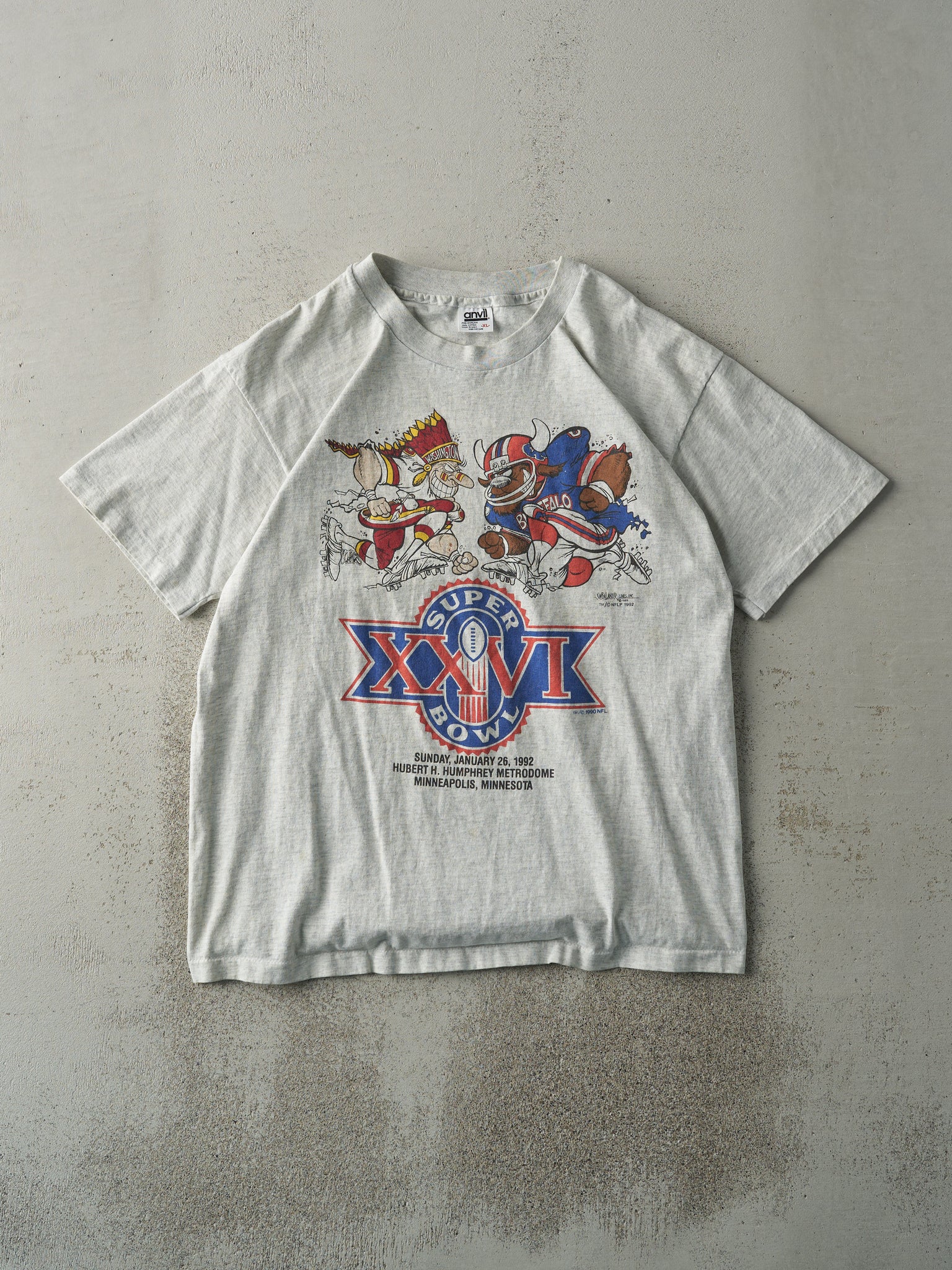 Vintage 92' Heather Grey XXVI Super Bowl Buffalo vs Washington Single Stitch Tee (M)