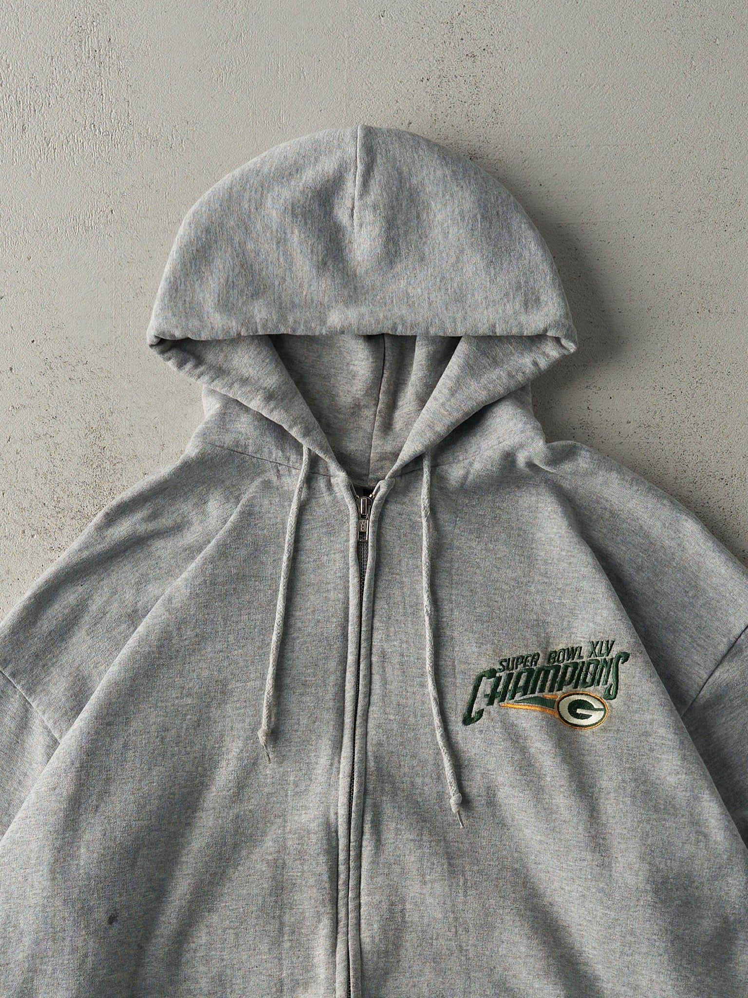 Vintage 11' Grey Green Bay Packers XLV Super Bowl Champions Zip Up Hoodie (XL)