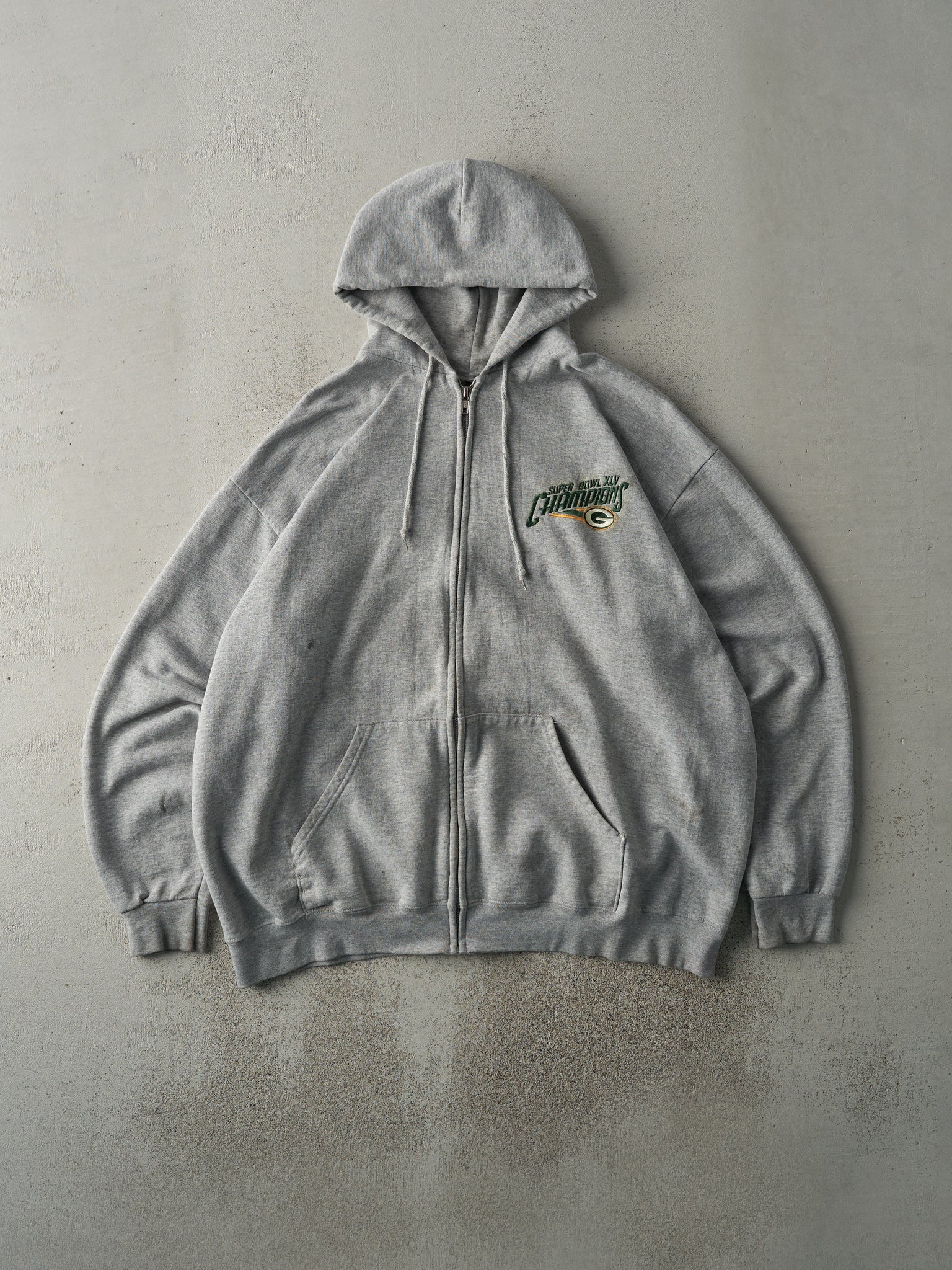 Vintage 11' Grey Green Bay Packers XLV Super Bowl Champions Zip Up Hoodie (XL)