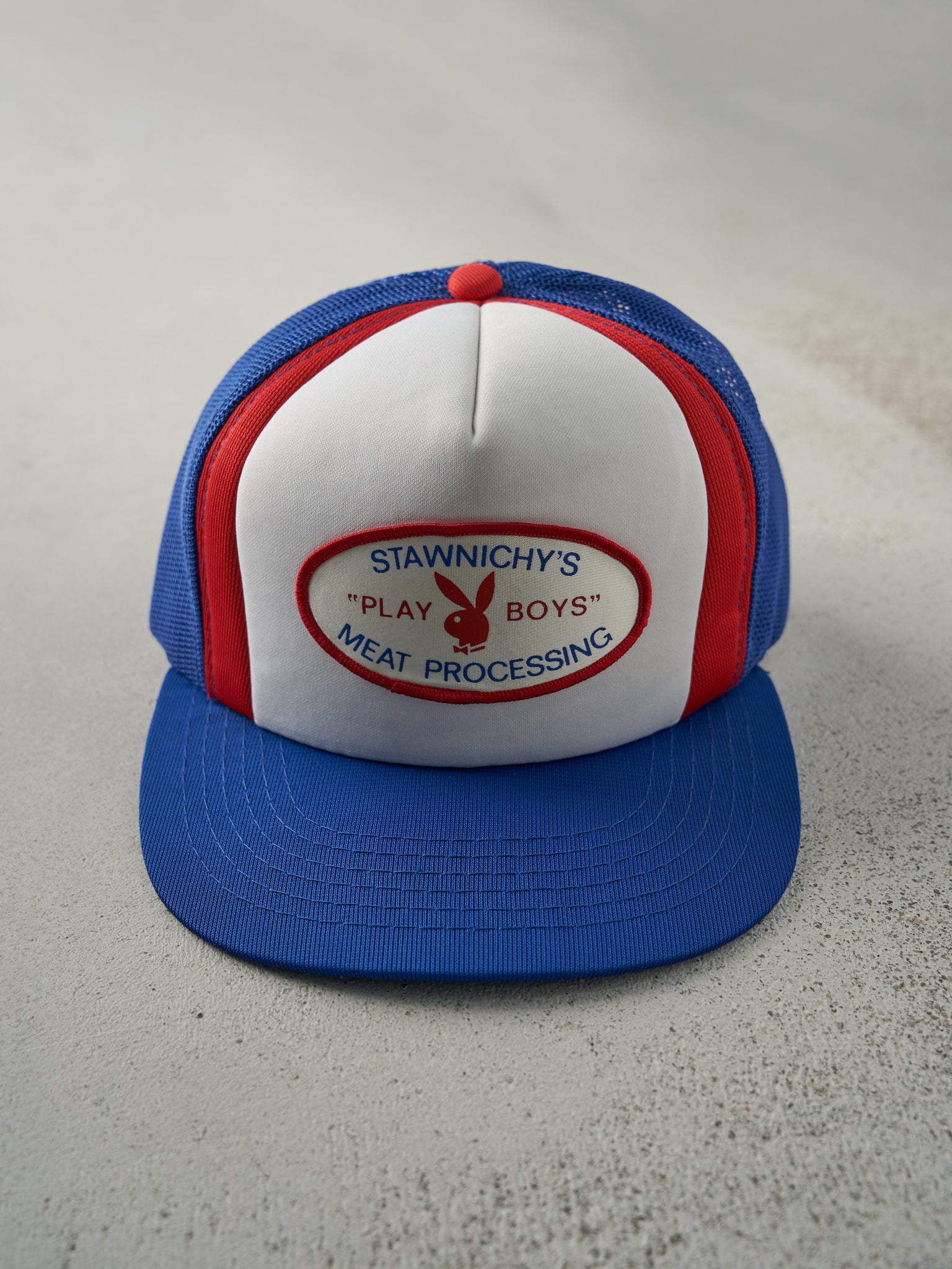 Vintage 90s Blue, Red & White "Play Boys" Foam Trucker Hat