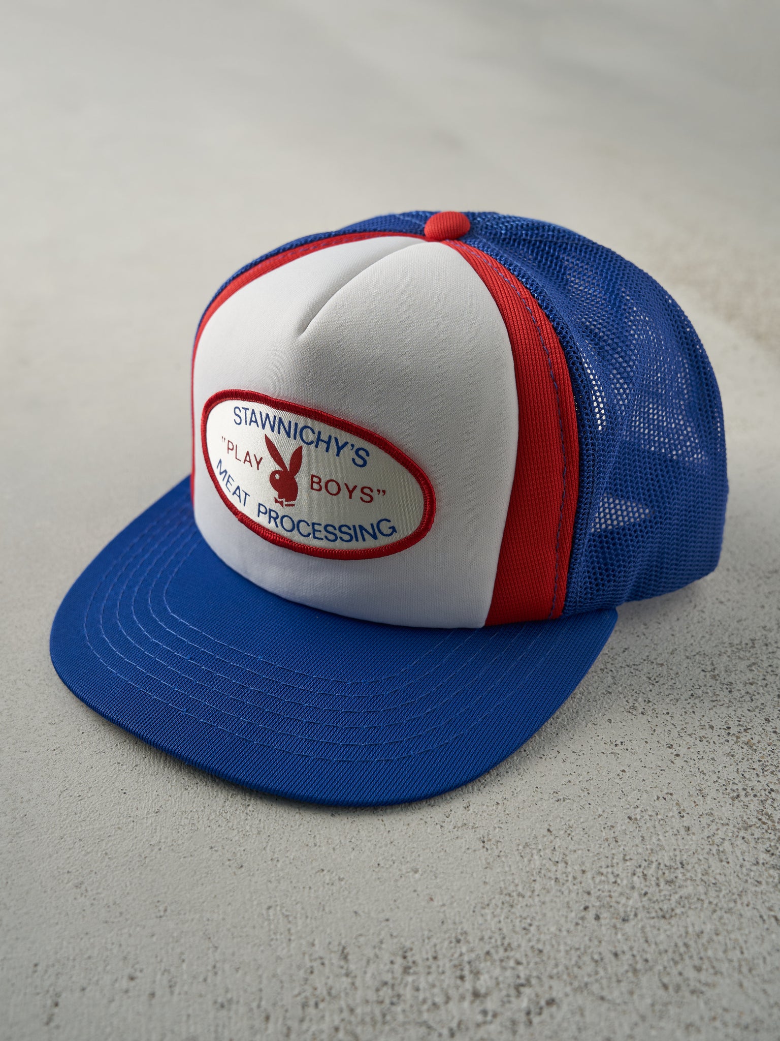 Vintage 90s Blue, Red & White "Play Boys" Foam Trucker Hat