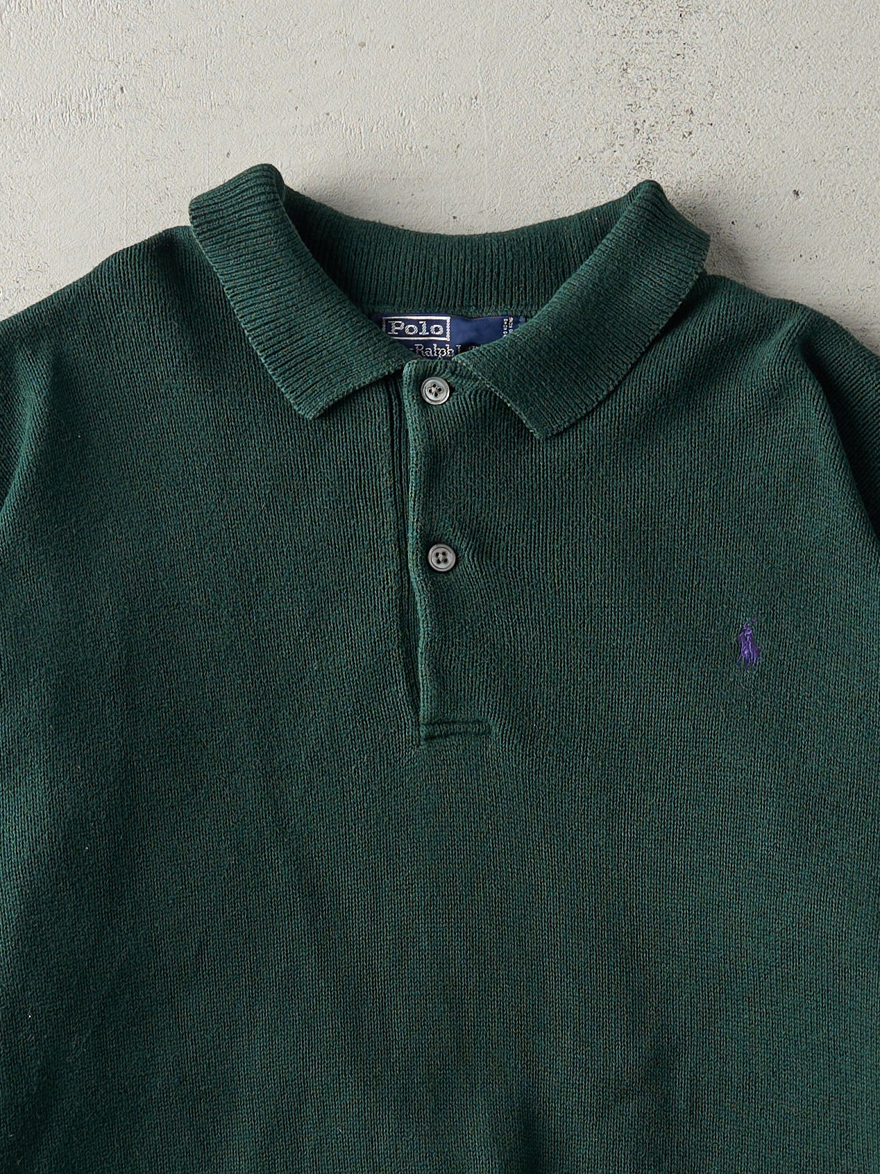 Vintage 80s Forest Green Ralph Lauren Quarter Button Knit Sweater (L)