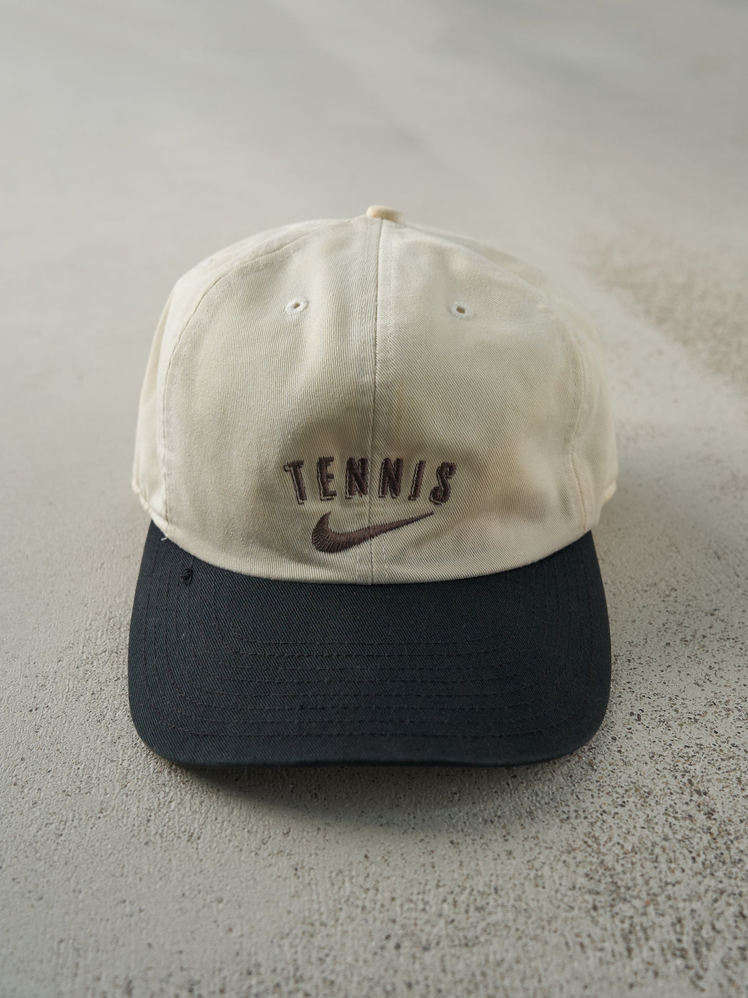 Vintage 90s Beige & Black Embroidered Nike Tennis Snapback Hat