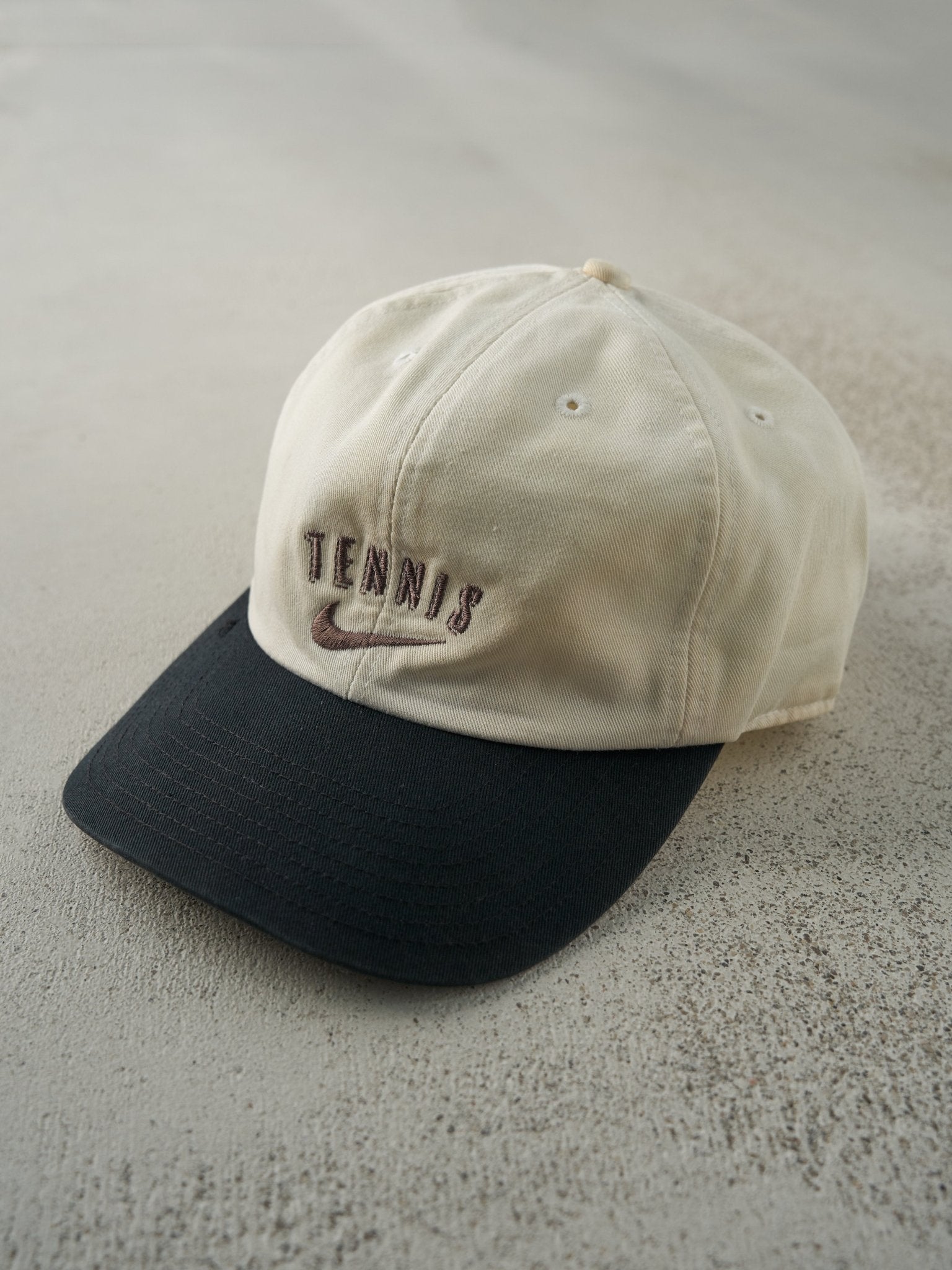 Vintage 90s Beige & Black Embroidered Nike Tennis Snapback Hat