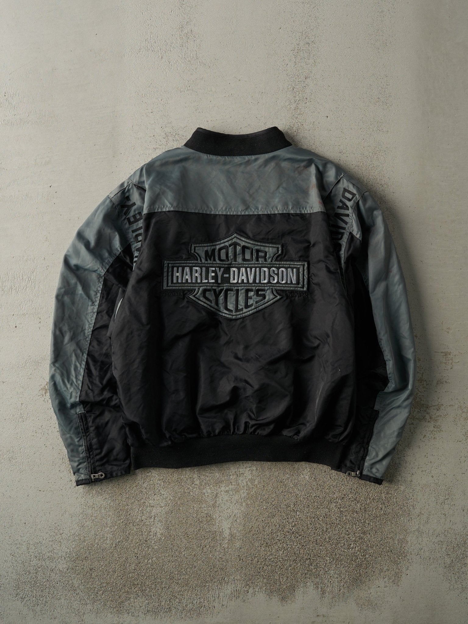 Vintage Y2K Black & Grey Harley Davidson Bomber Jacket (L)