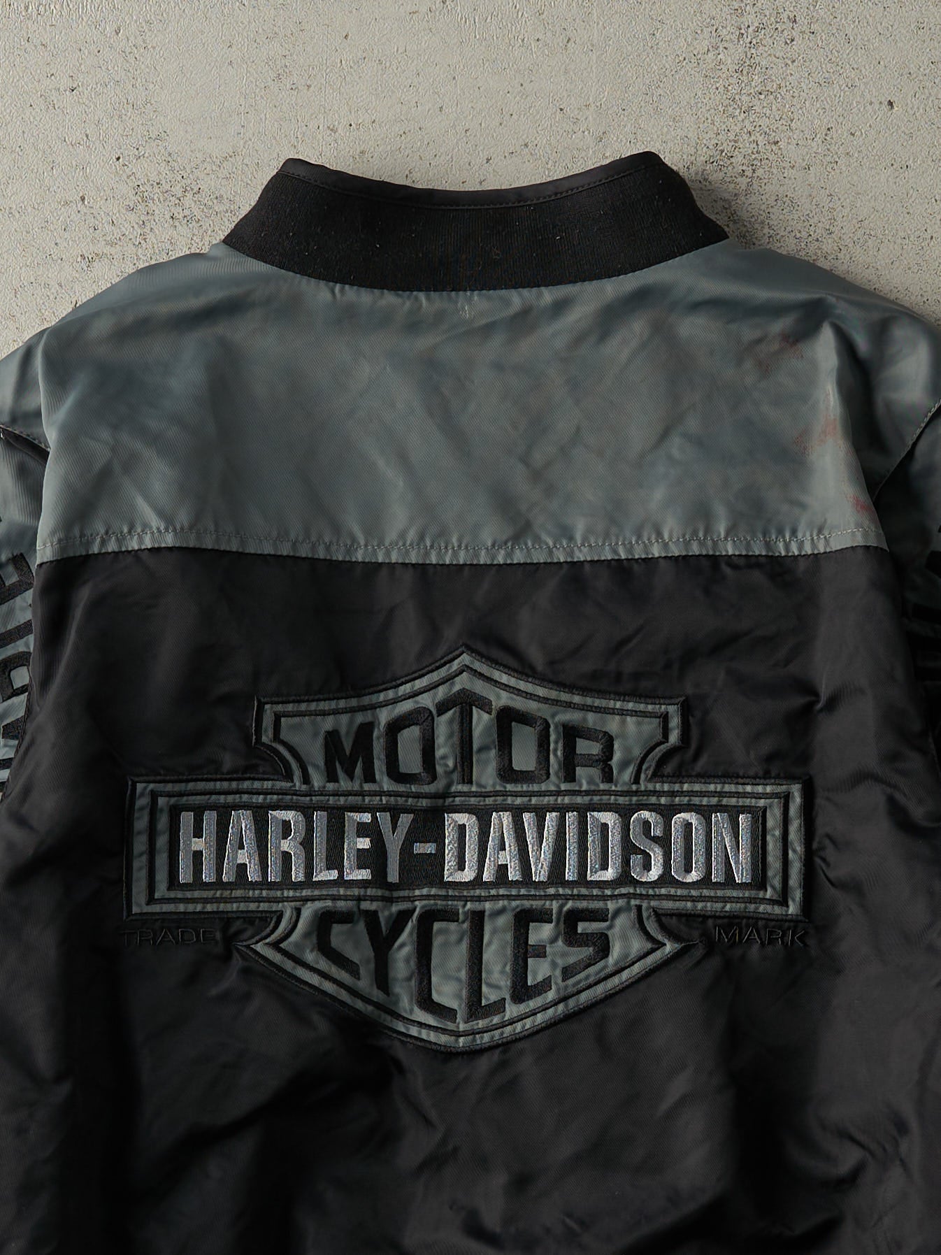 Vintage Y2K Black & Grey Harley Davidson Bomber Jacket (L)