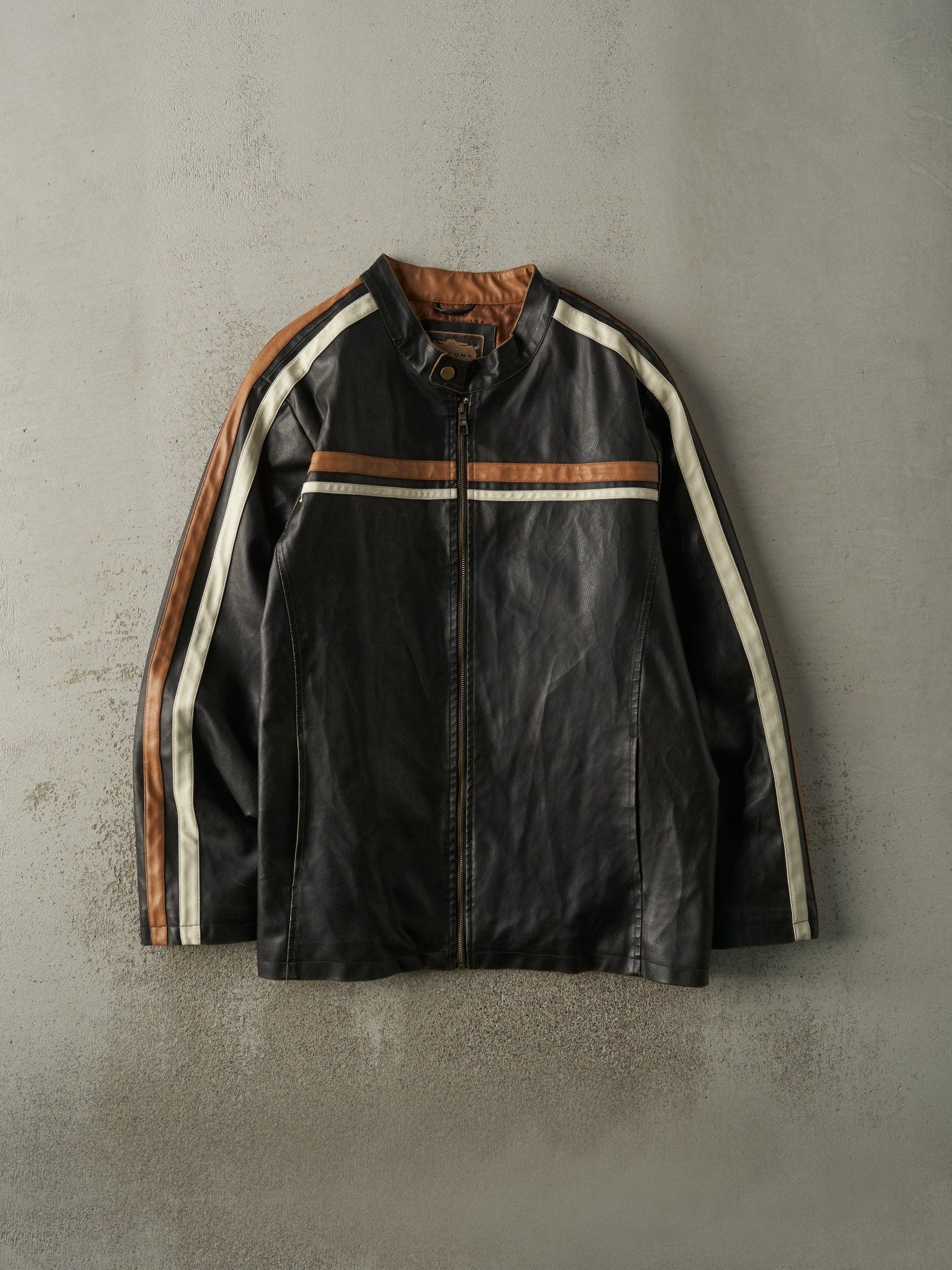 Vintage Y2K Black & Brown Striped Leather Biker Jacket (L)