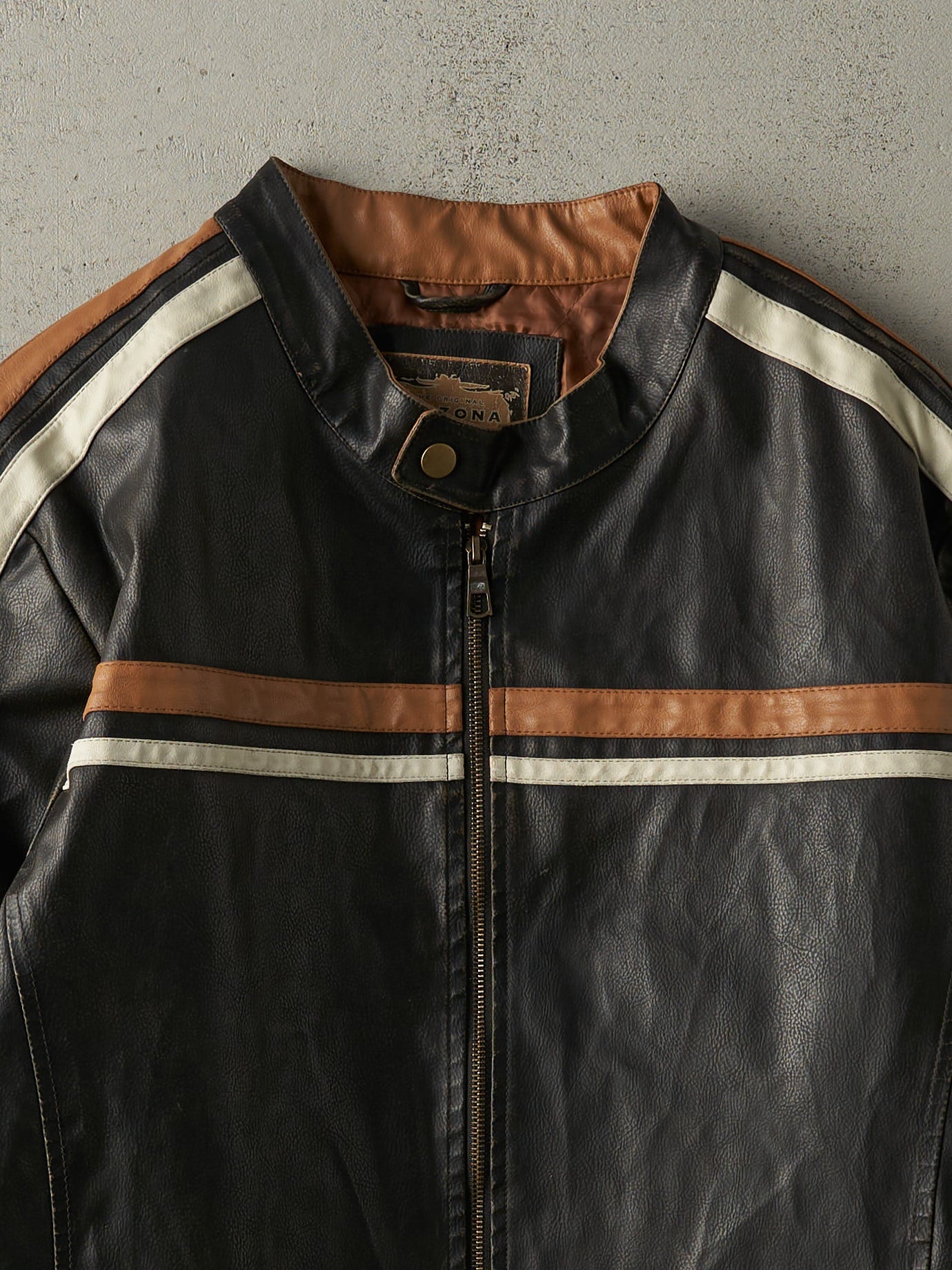 Vintage Y2K Black & Brown Striped Leather Biker Jacket (L)