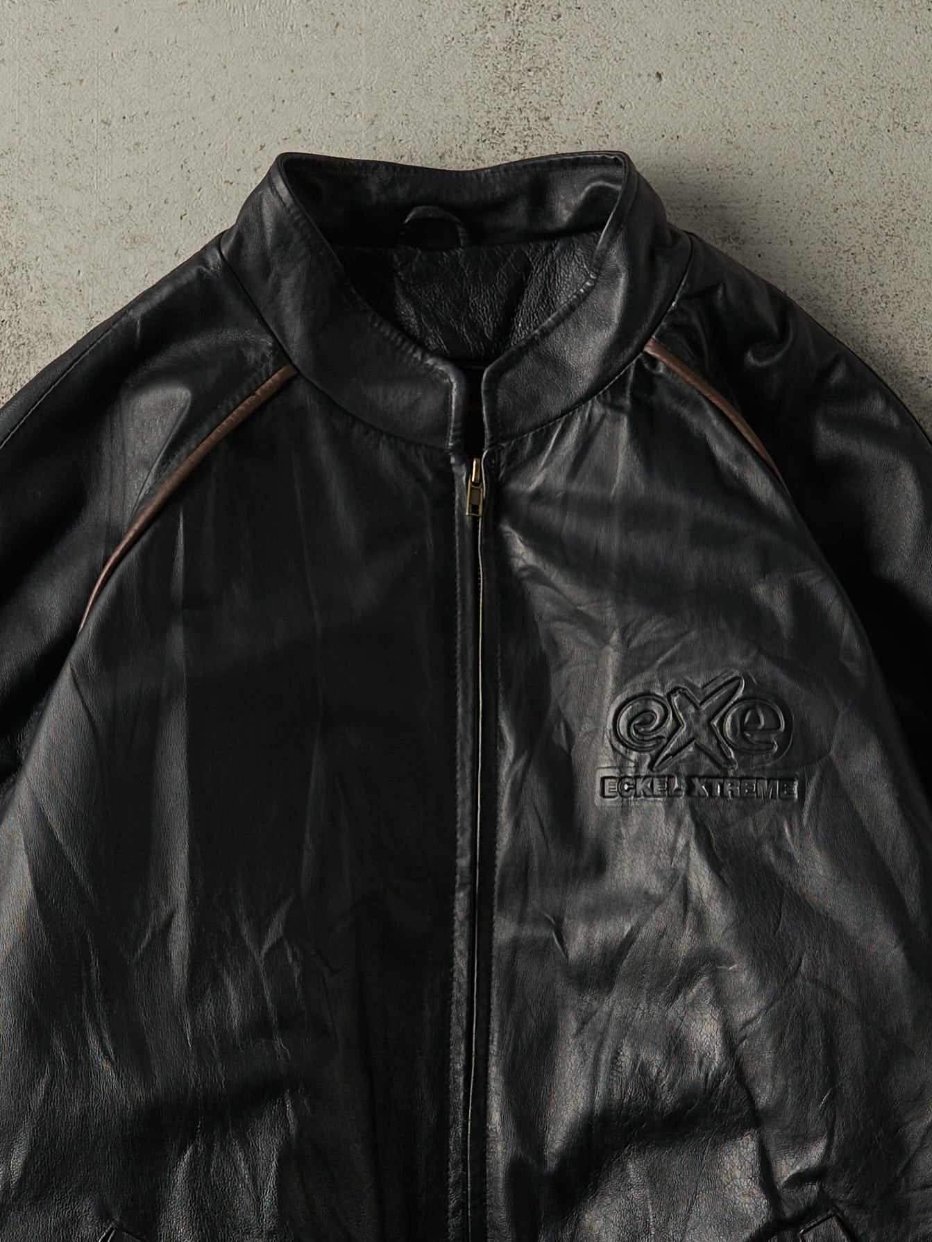 Vintage Y2K Black & Brown Embroidered Bomber Leather Jacket (XXL)