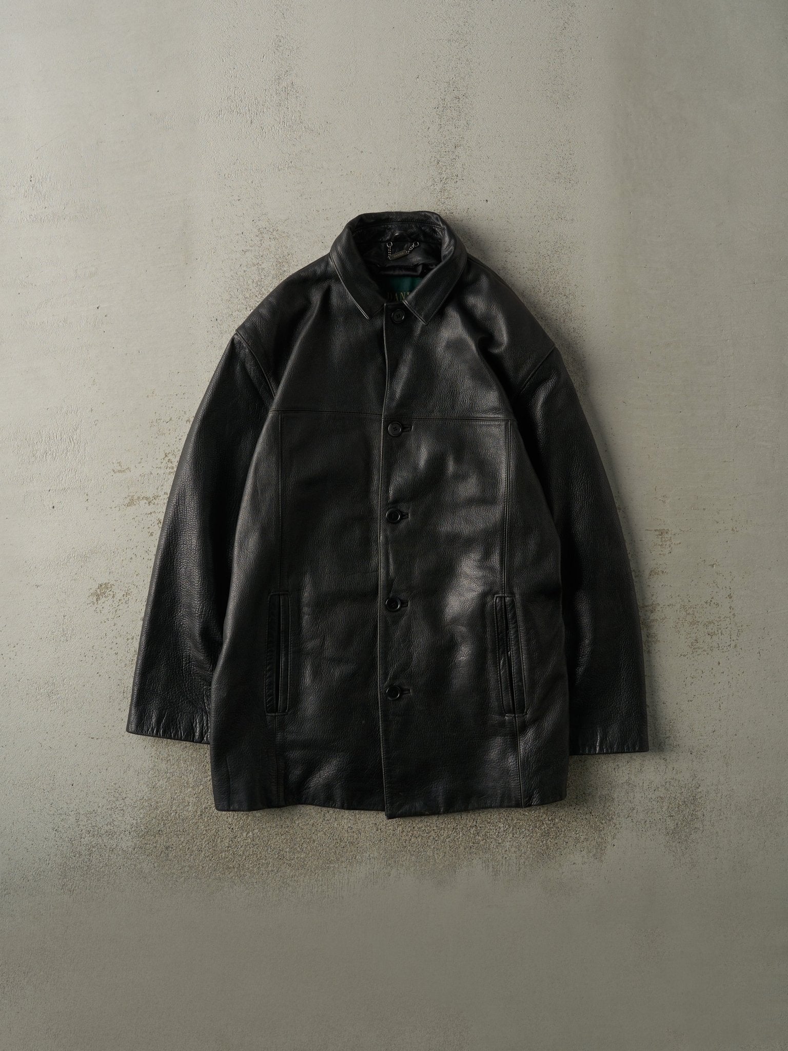 Vintage 90s Black Danier Leather Trench Coat (XL)