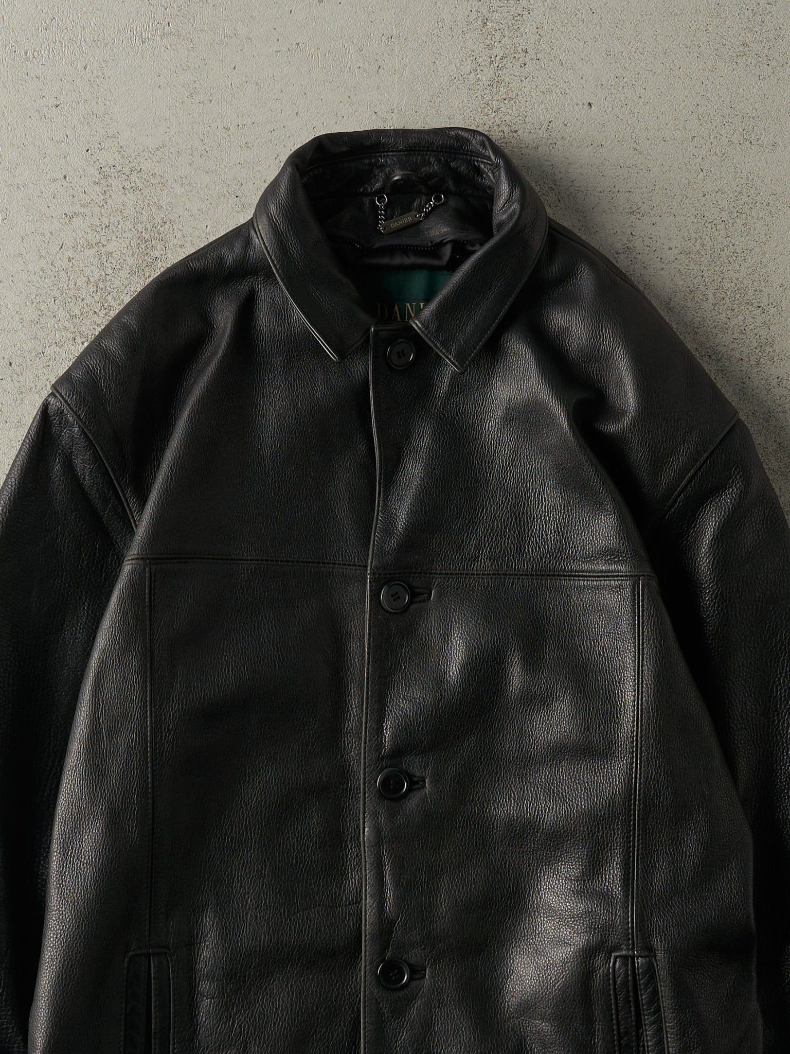Vintage 90s Black Danier Leather Trench Coat (XL)