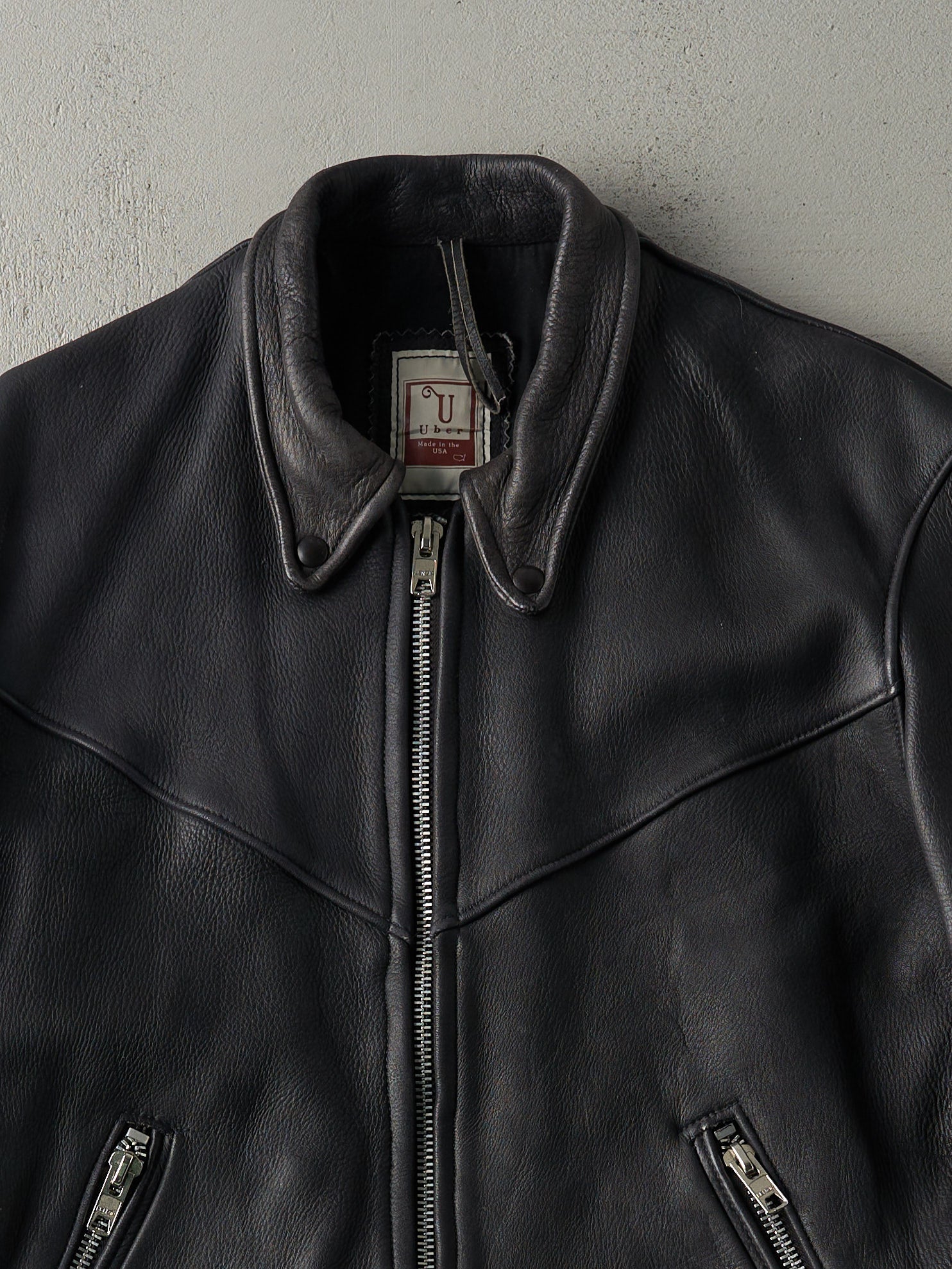 Vintage 90s Black Uber Leather Biker Jacket (L)