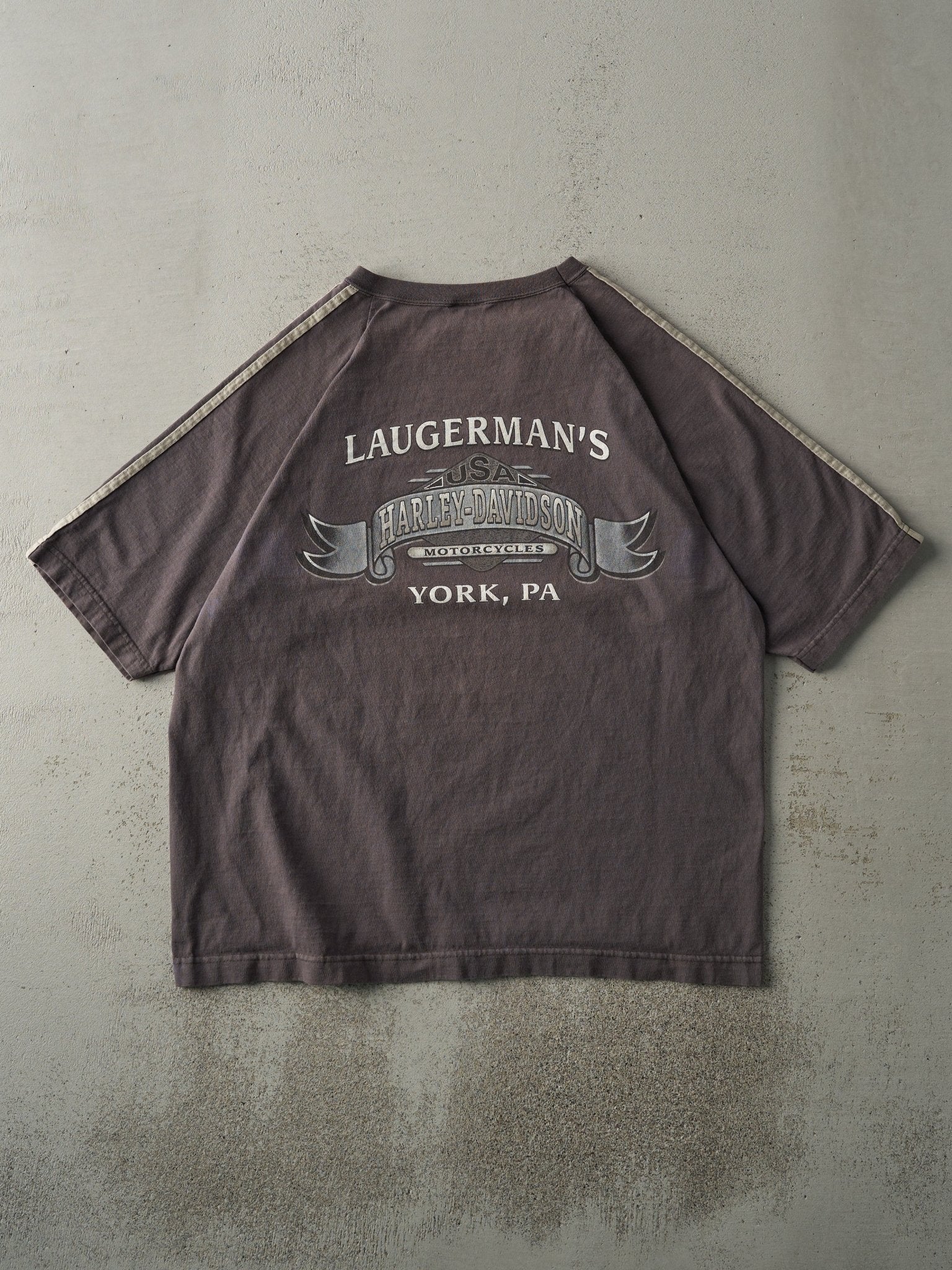 Vintage Y2K Charcoal Grey York, PA Harley Davidson Striped Tee (L)