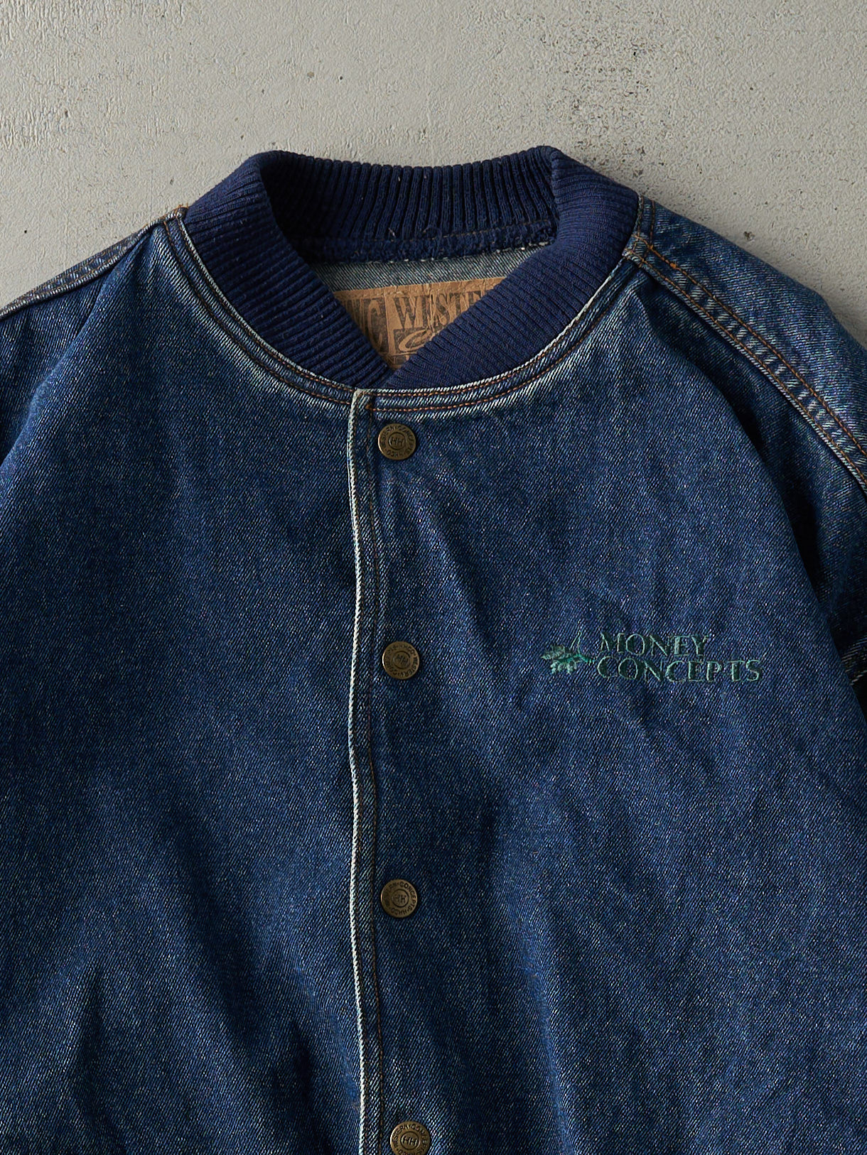 Vintage 90s Dark Wash & Green Embroidered Boxy Denim Bomber Jacket (L)