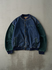 Vintage 90s Dark Wash & Green Embroidered Boxy Denim Bomber Jacket (L)