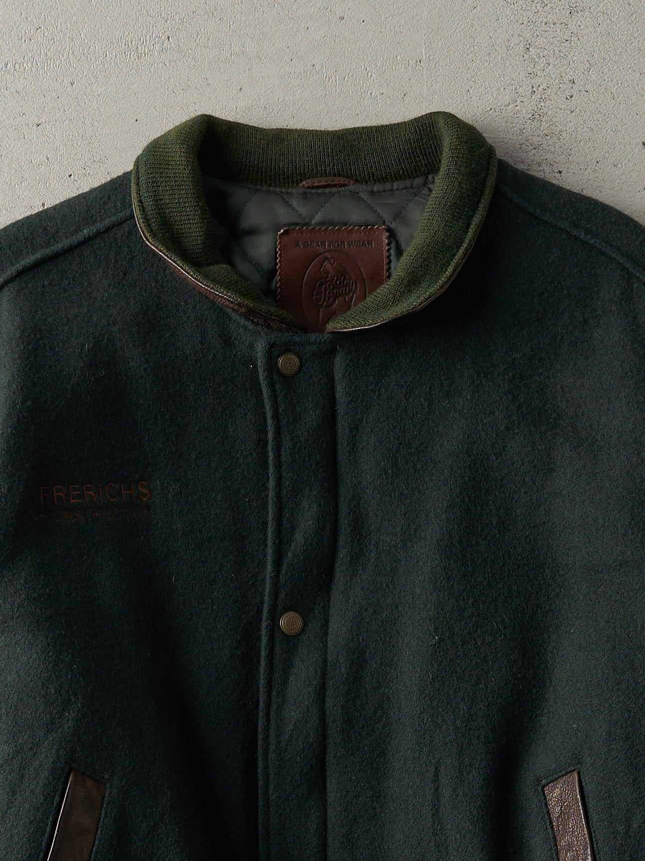 Vintage 80s Green & Brown Embroidered Logo Wool and Leather Varsity Jacket (L)