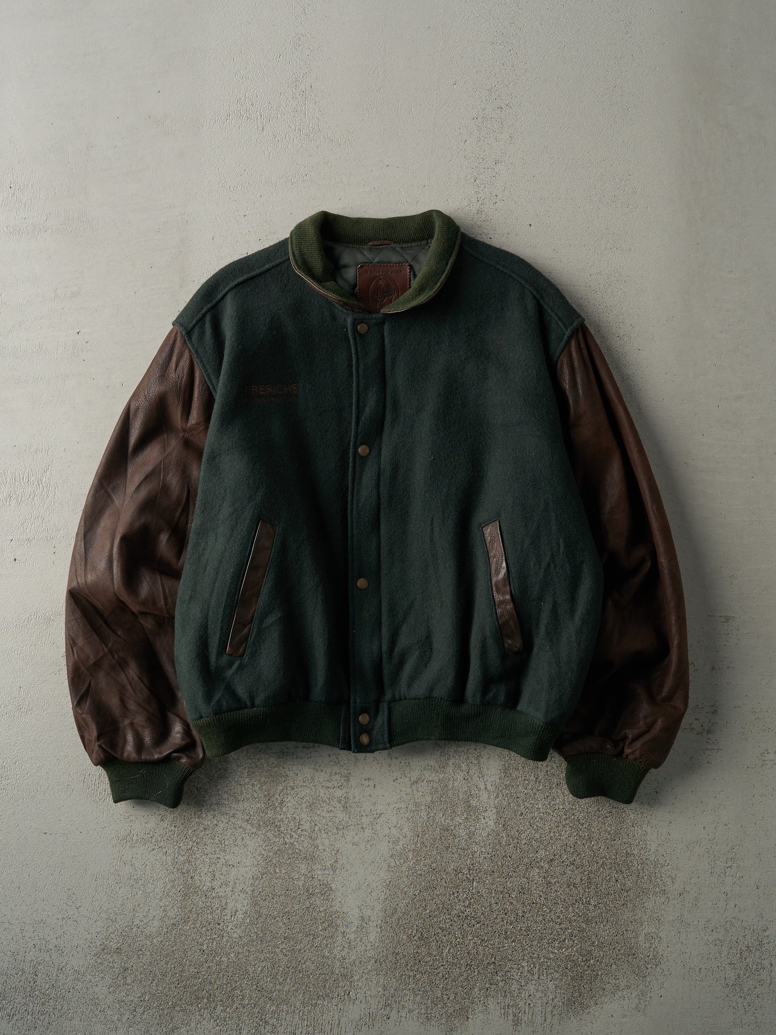 Vintage 80s Green & Brown Embroidered Logo Wool and Leather Varsity Jacket (L)