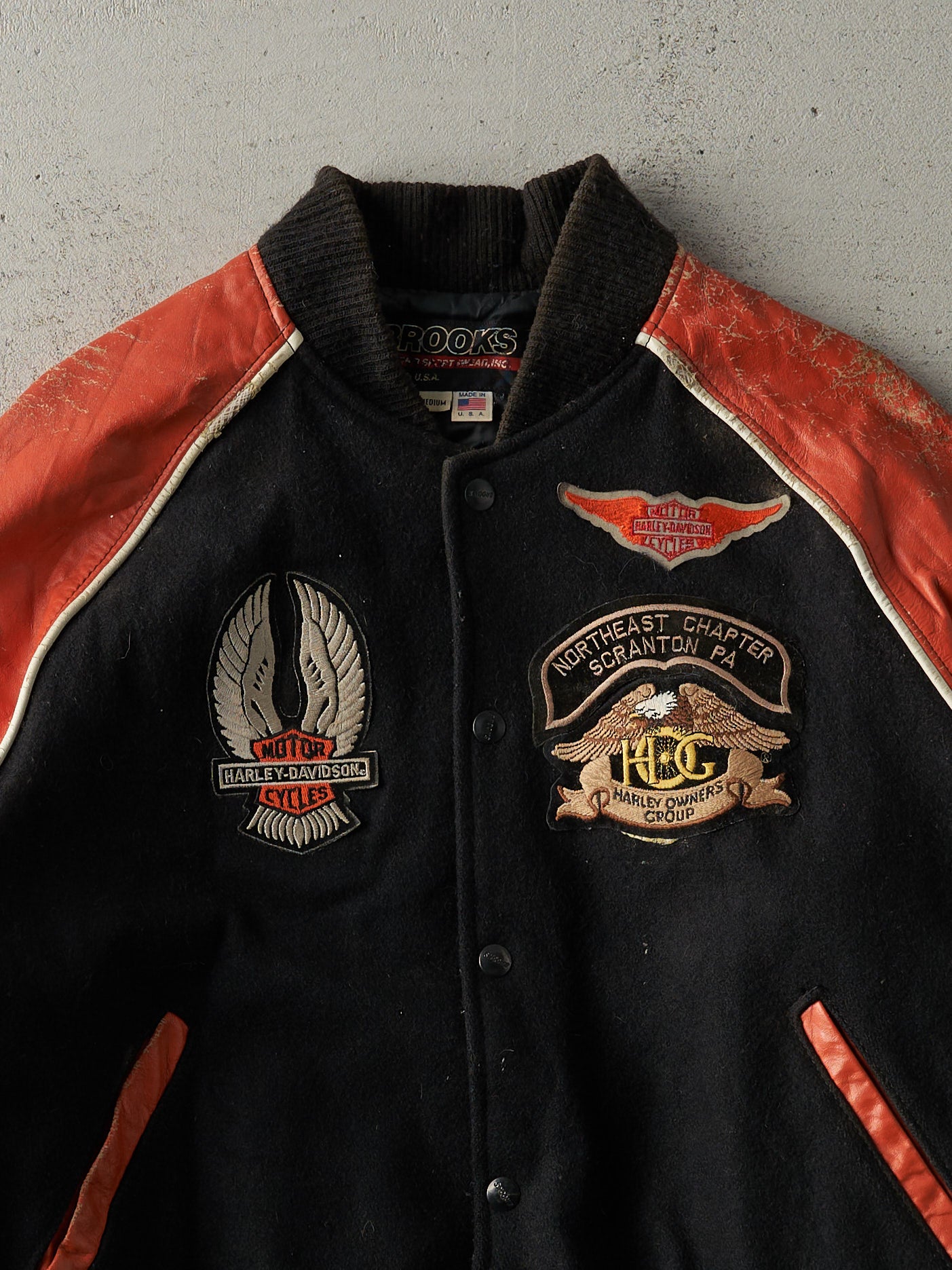 Vintage 90s Black and Orange Harley Davidson Varsity Biker Jacket (M/L)