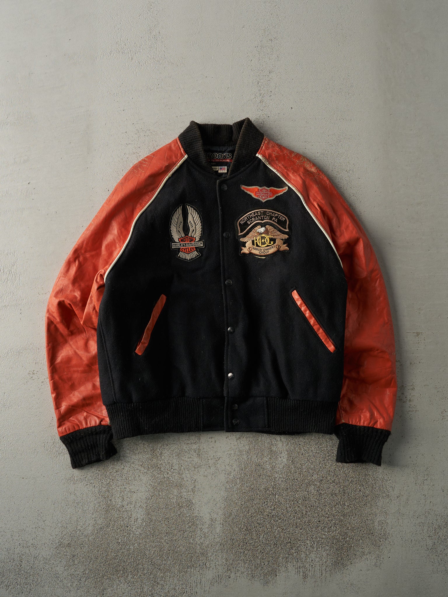 Vintage 90s Black and Orange Harley Davidson Varsity Biker Jacket (M/L)