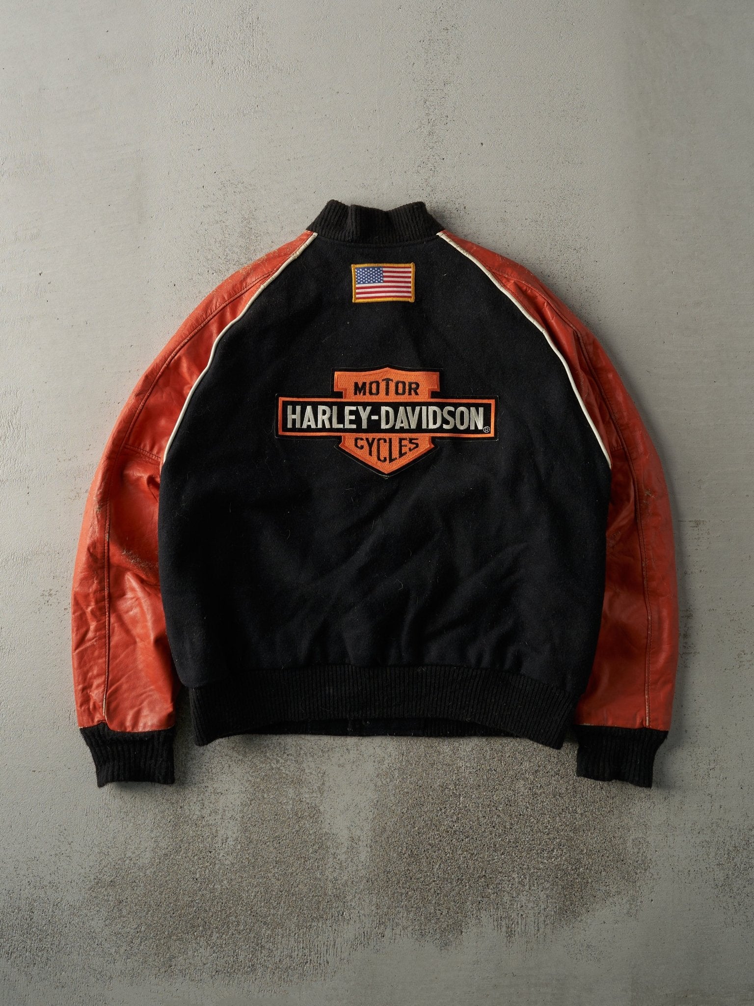 Vintage 90s Black and Orange Harley Davidson Varsity Biker Jacket (M/L)