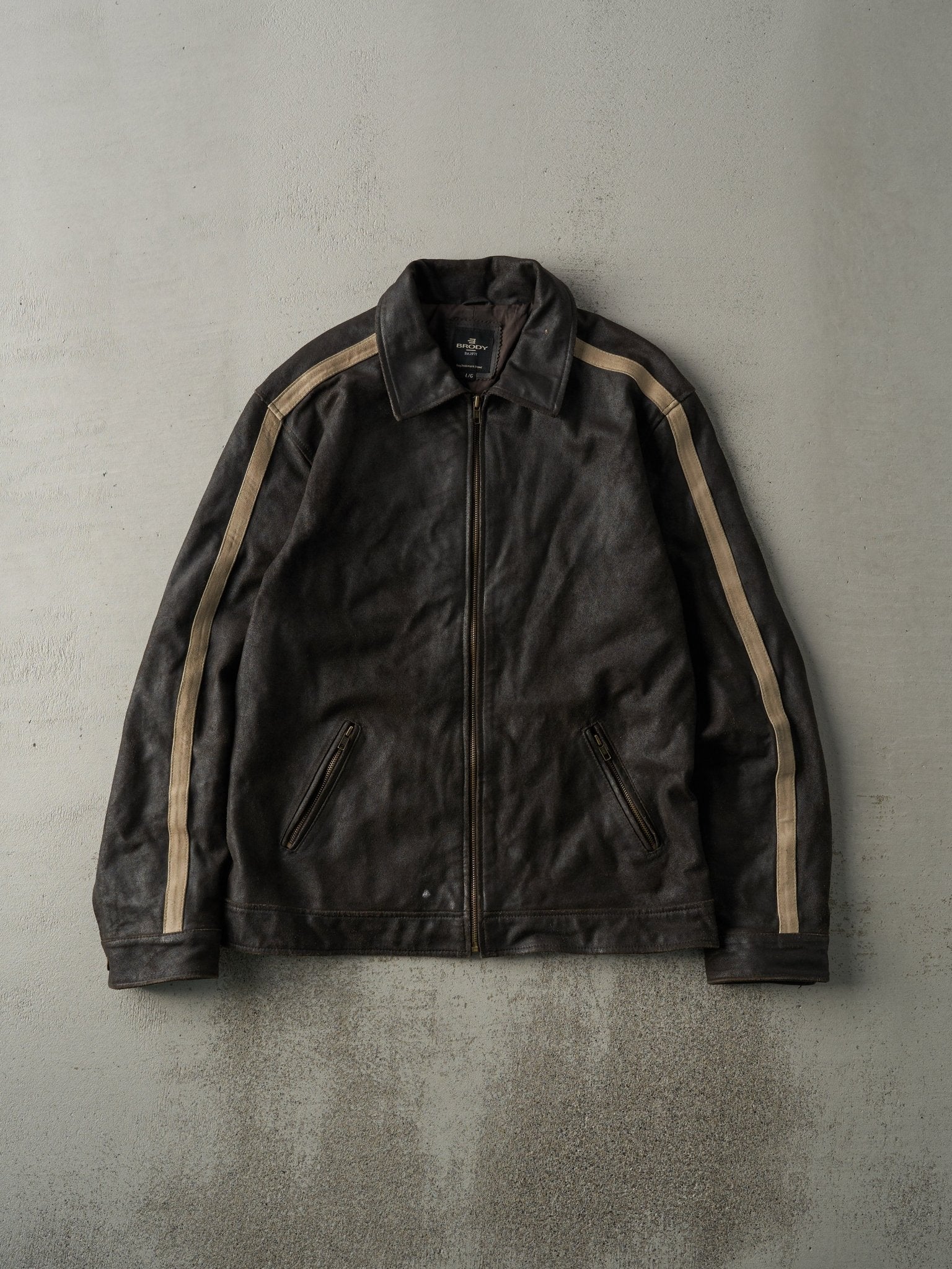 Vintage Y2K Dark Brown Striped Brody Light Weight Leather Biker Jacket (M)
