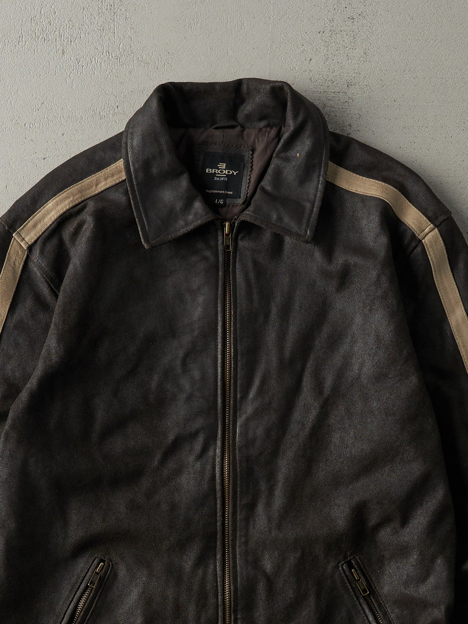 Vintage Y2K Dark Brown Striped Brody Light Weight Leather Biker Jacket (M)