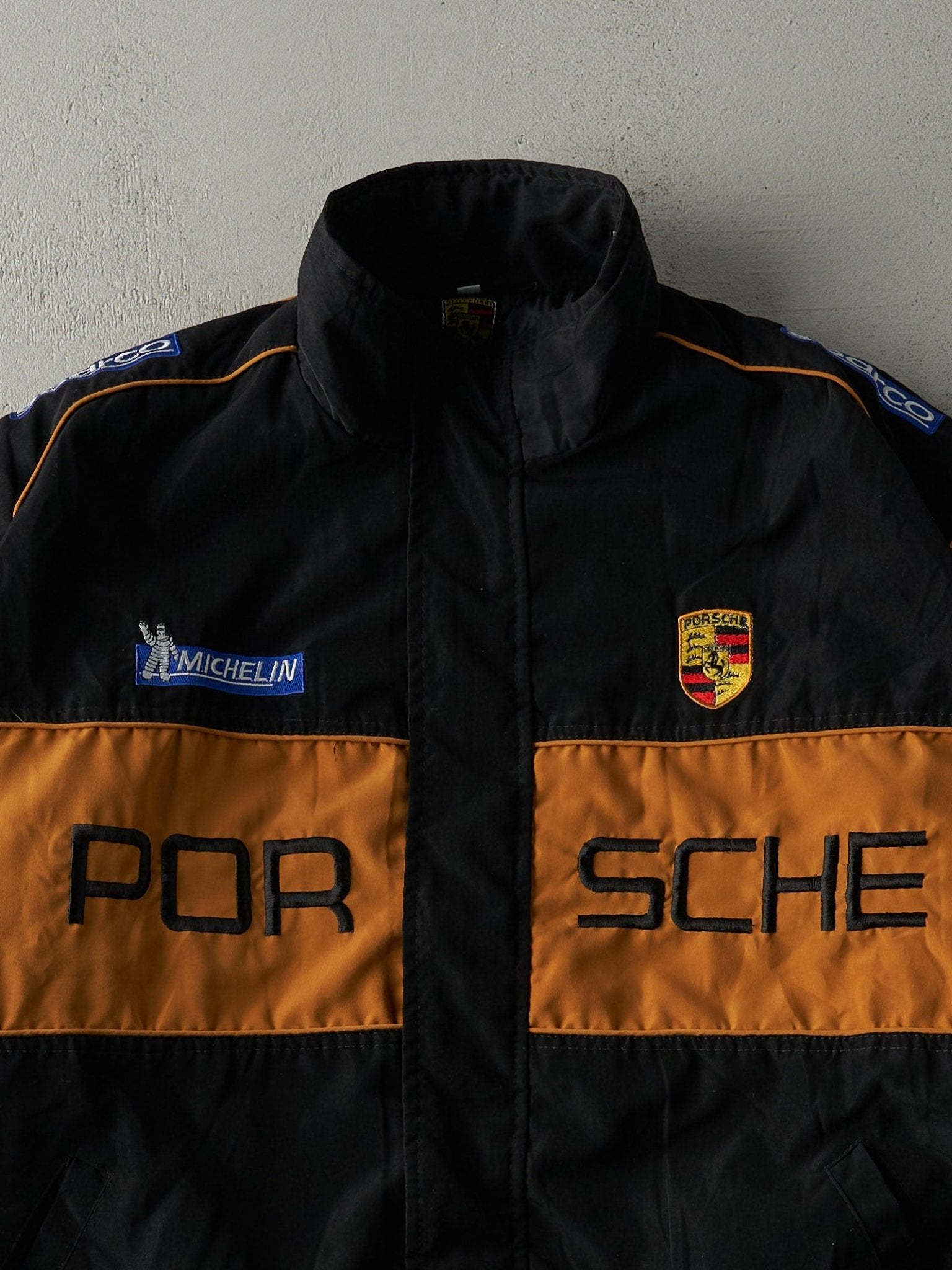 Vintage 90s Black & Gold Embroidered Porsche Racing Jacket (XL)