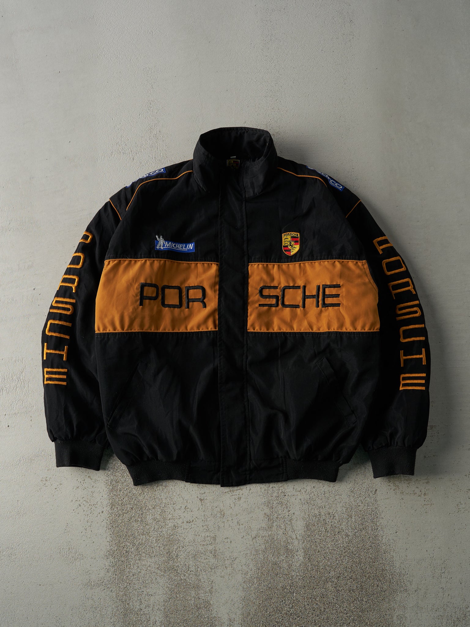 Vintage 90s Black & Gold Embroidered Porsche Racing Jacket (XL)