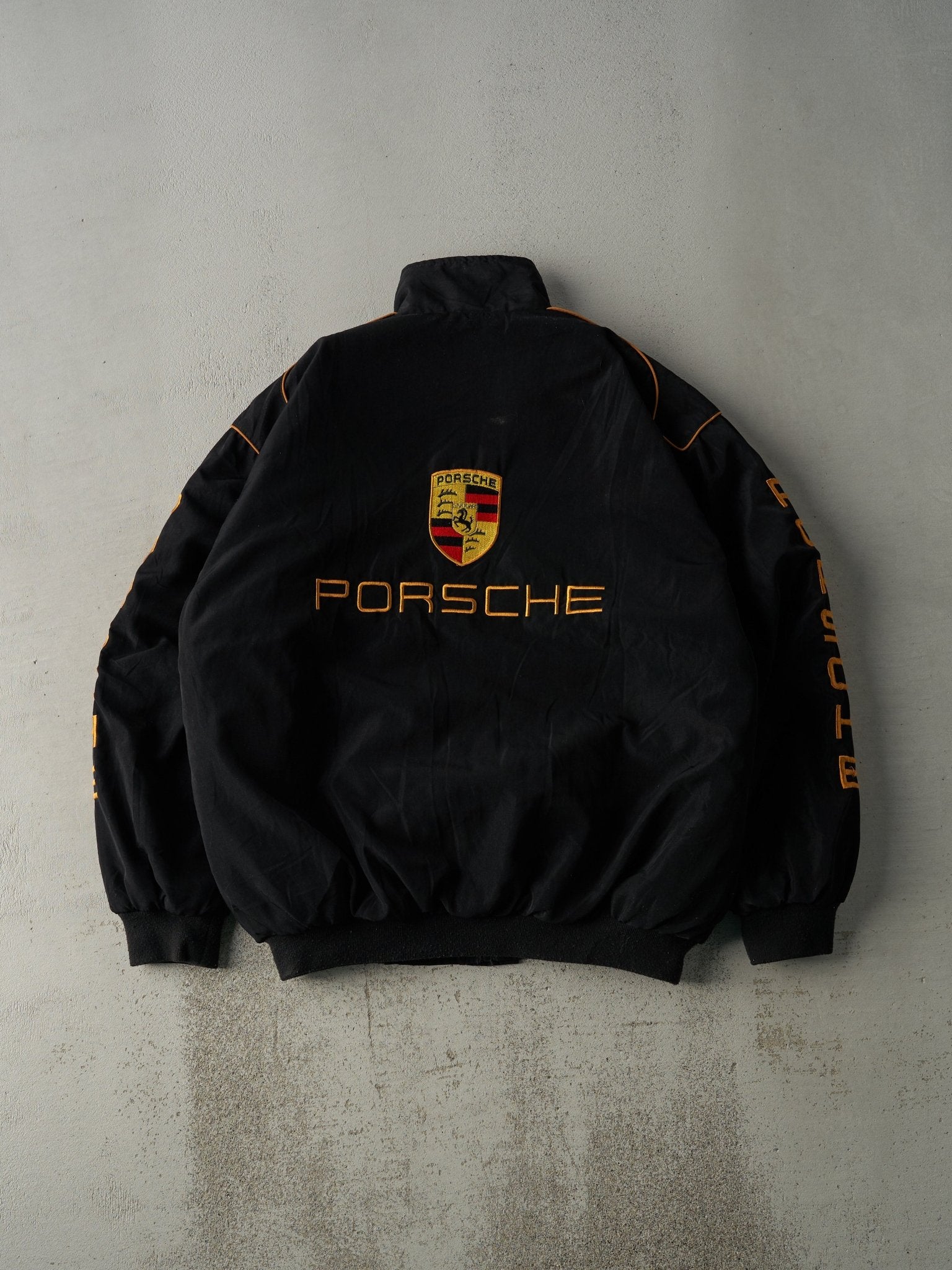 Vintage 90s Black & Gold Embroidered Porsche Racing Jacket (XL)