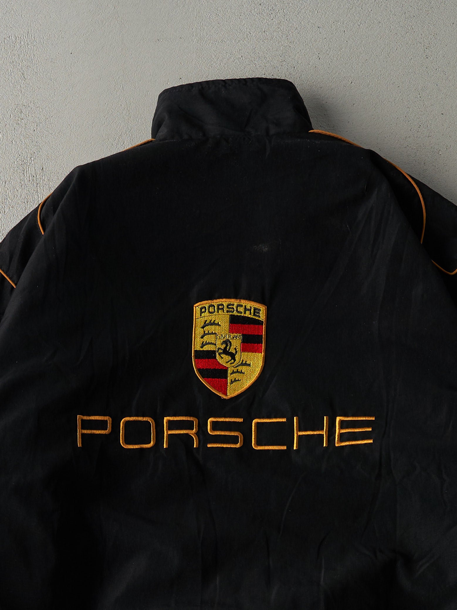 Vintage 90s Black & Gold Embroidered Porsche Racing Jacket (XL)