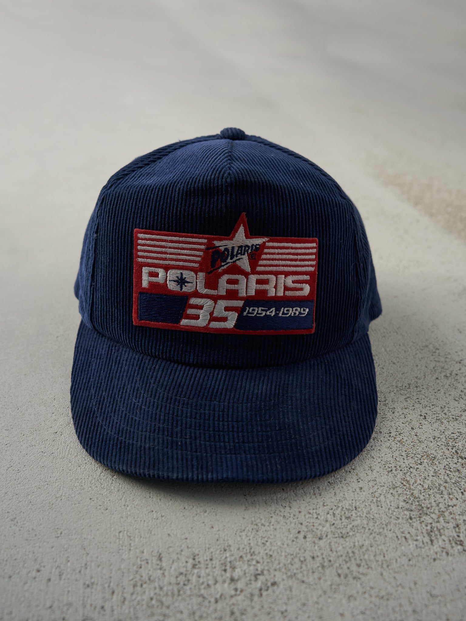 Vintage 80s Navy Blue Embroidered Polaris Corduroy Snapback Hat