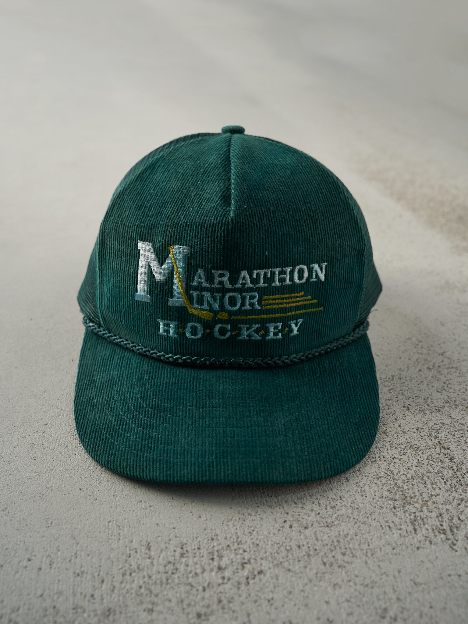 Vintage 80s Green Embroidered Marathon Minor Hockey Corduroy Trucker Hat