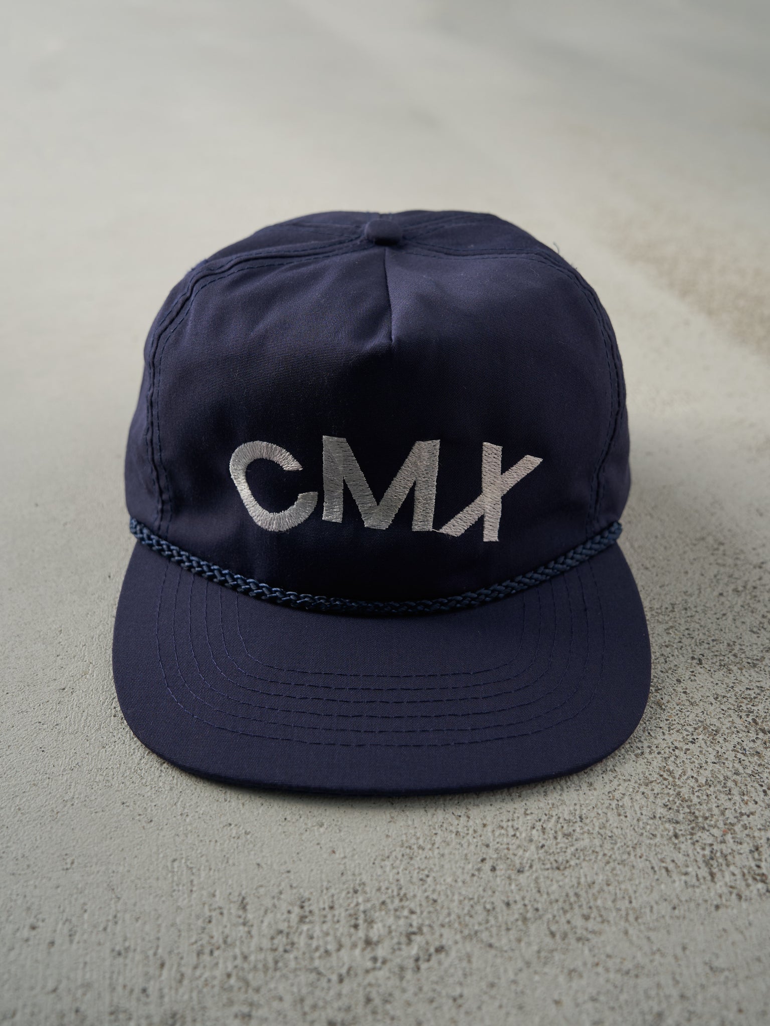 Vintage 90s Navy Blue Embroideered CMX Leather Strap Back Hat