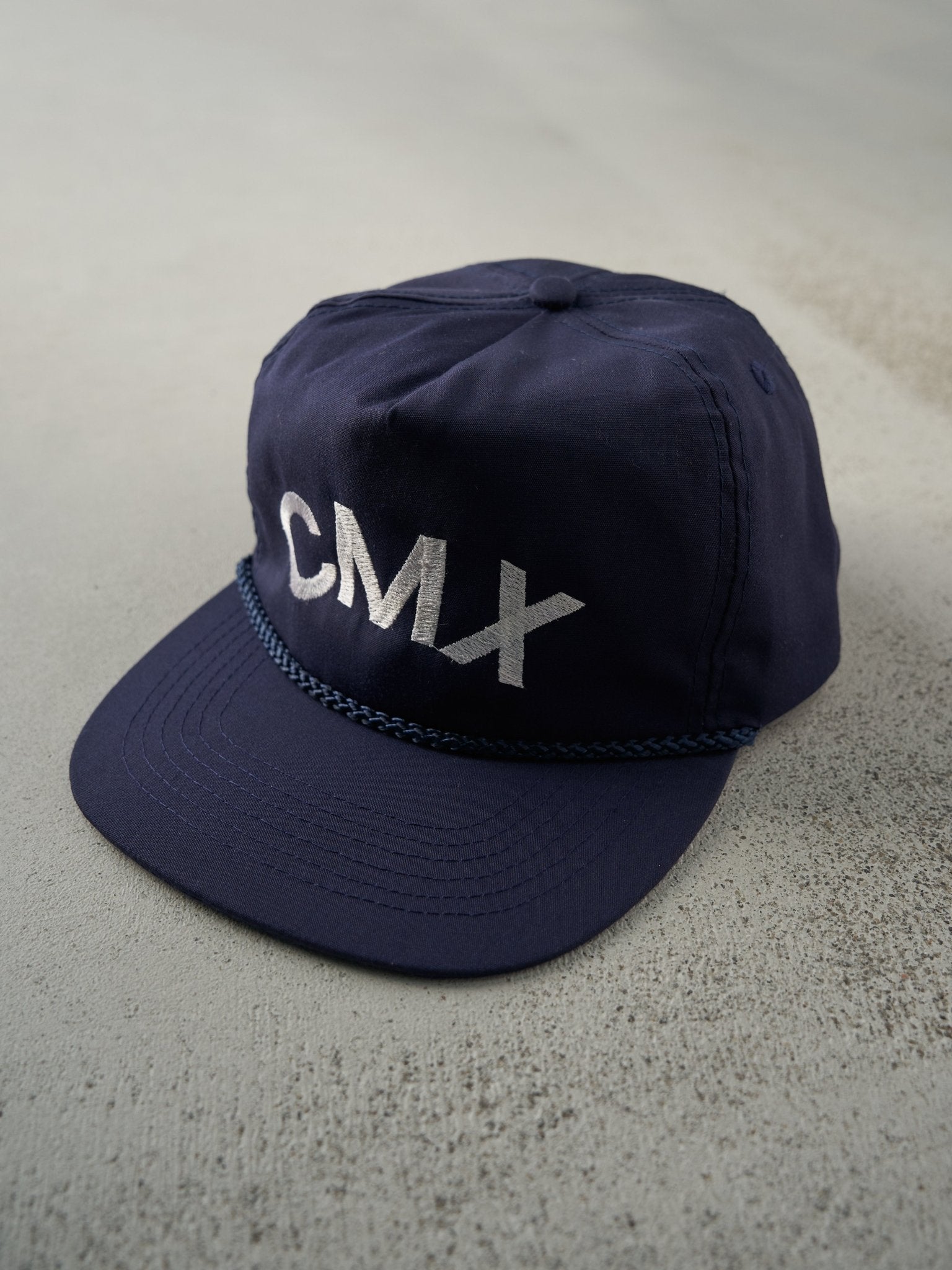 Vintage 90s Navy Blue Embroideered CMX Leather Strapback Hat