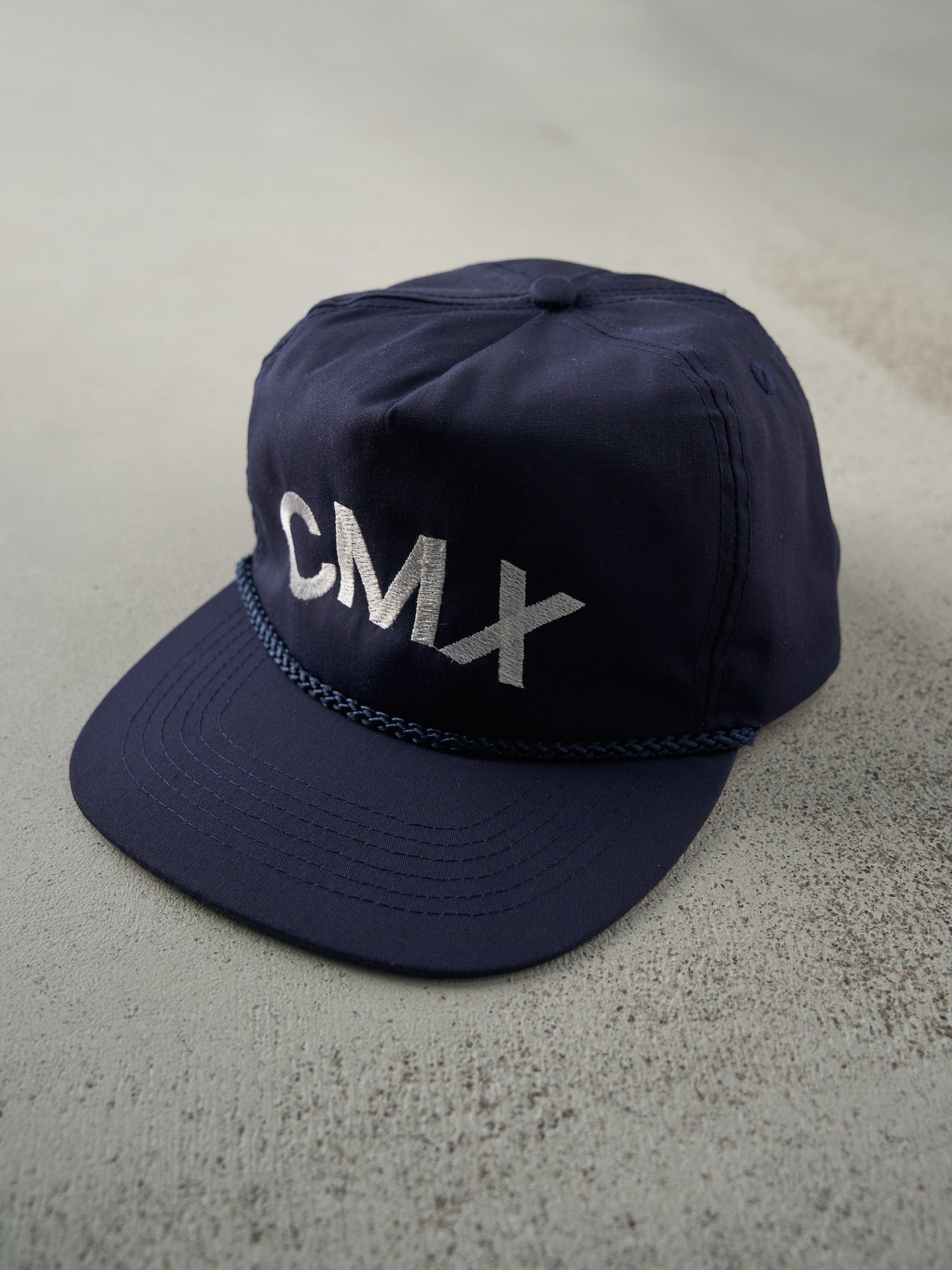 Vintage 90s Navy Blue Embroideered CMX Leather Strap Back Hat