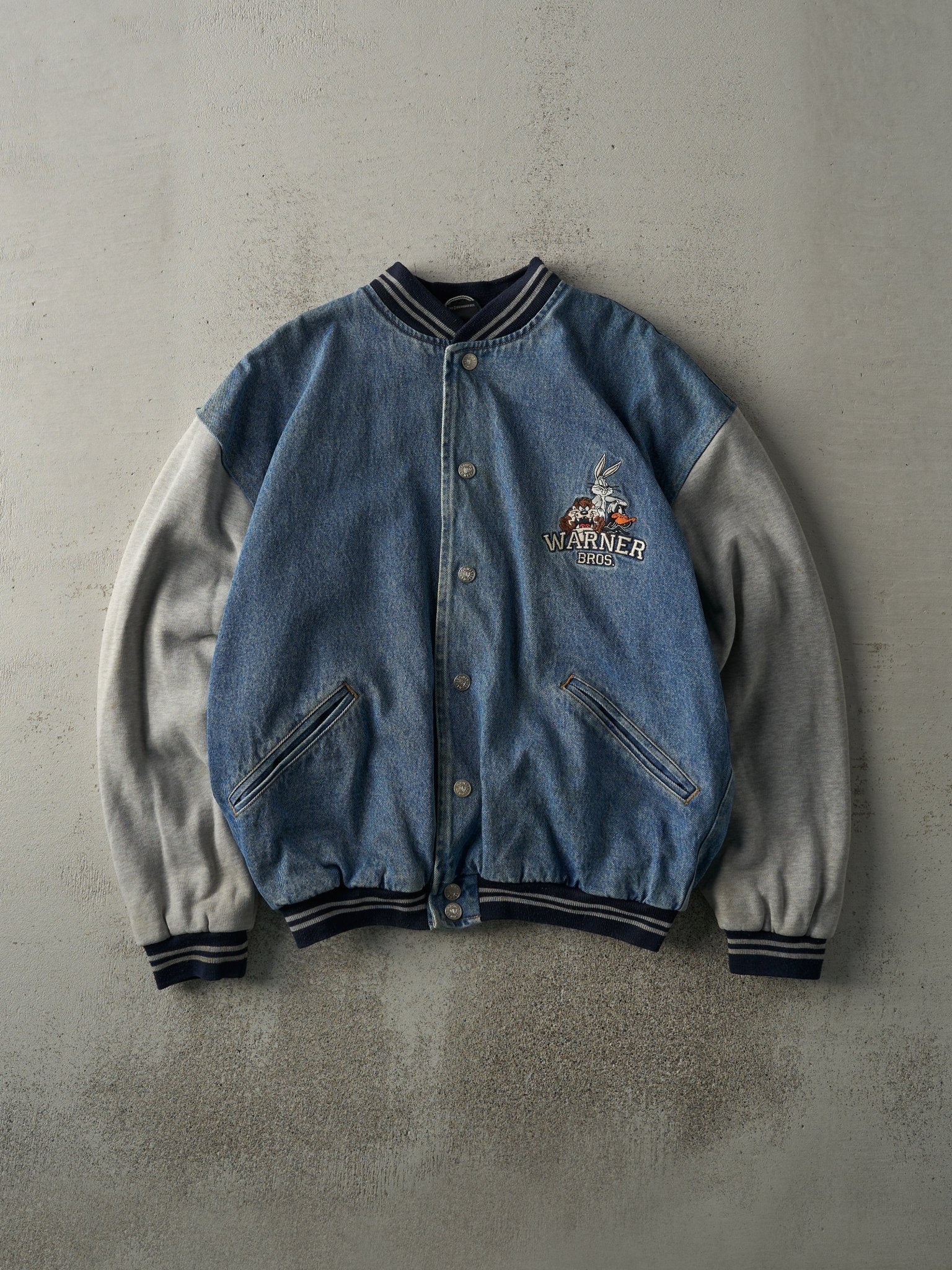 Vintage 98' Light Wash Embroidered Warner Bros. Denim Varsity Jacket (M/L)