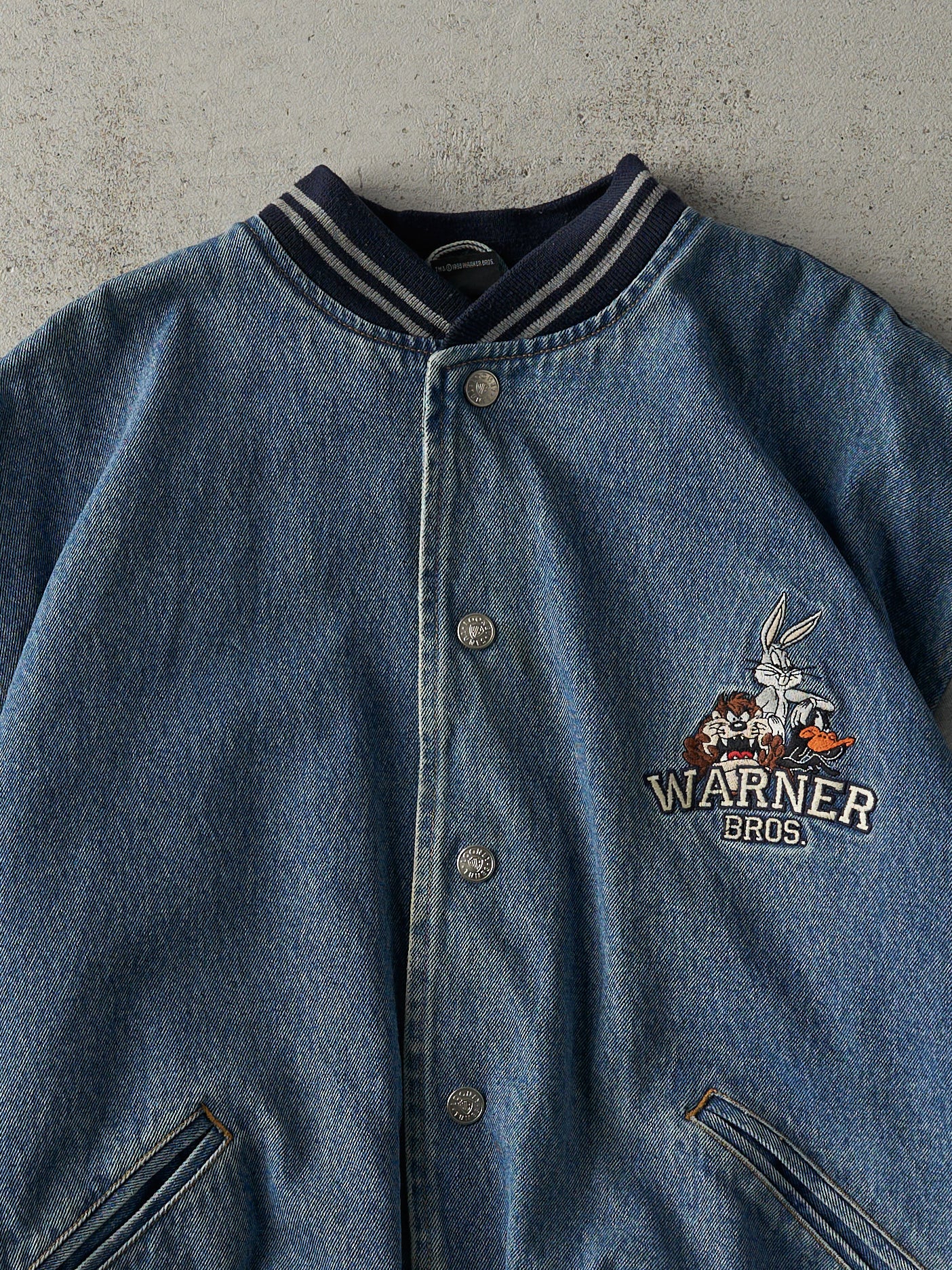 Vintage 98' Light Wash Embroidered Warner Bros. Denim Varsity Jacket (M/L)