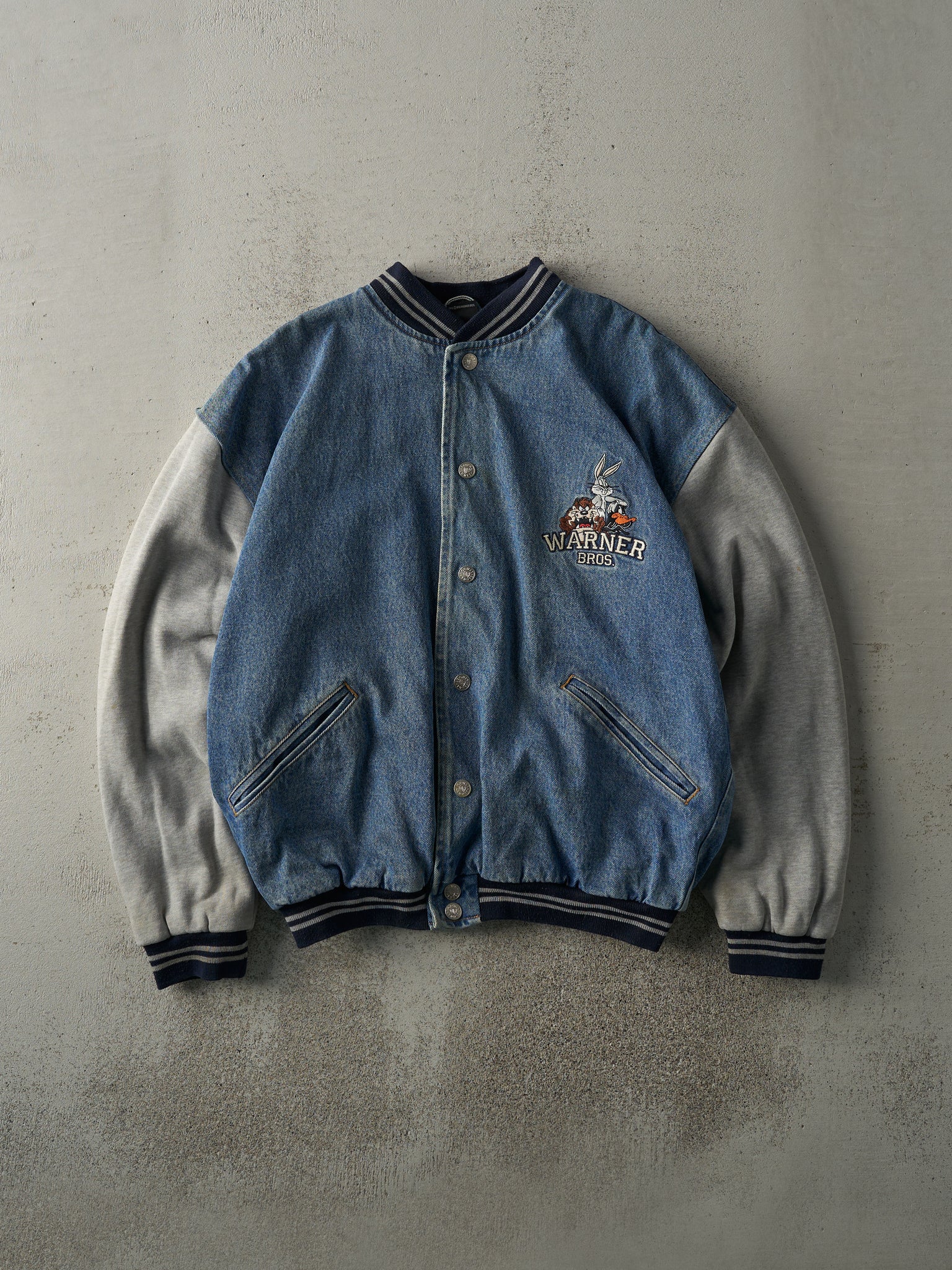 Vintage 98' Light Wash Embroidered Warner Bros. Denim Varsity Jacket (M/L)