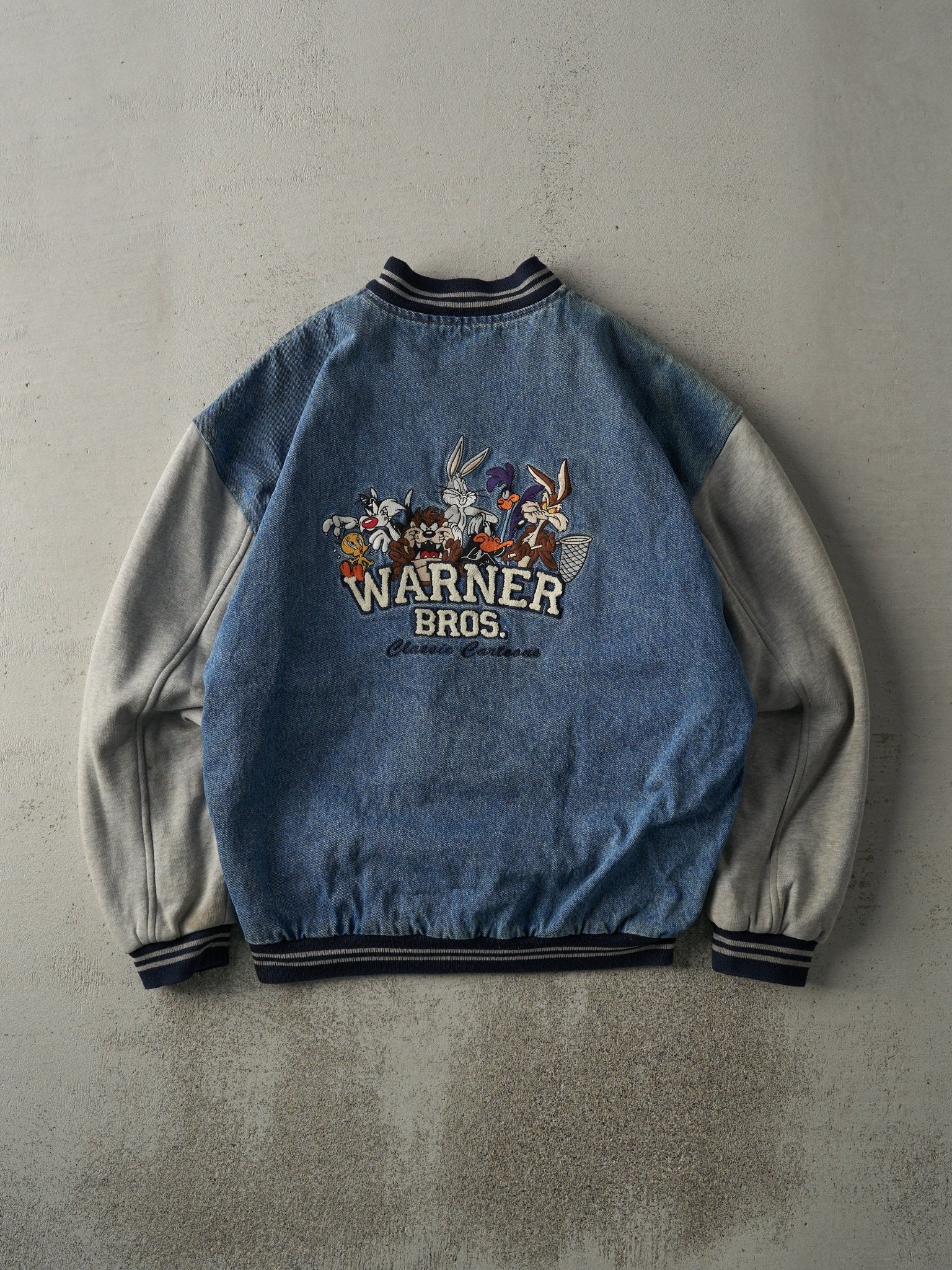 Vintage 98' Light Wash Embroidered Warner Bros. Denim Varsity Jacket (M/L)