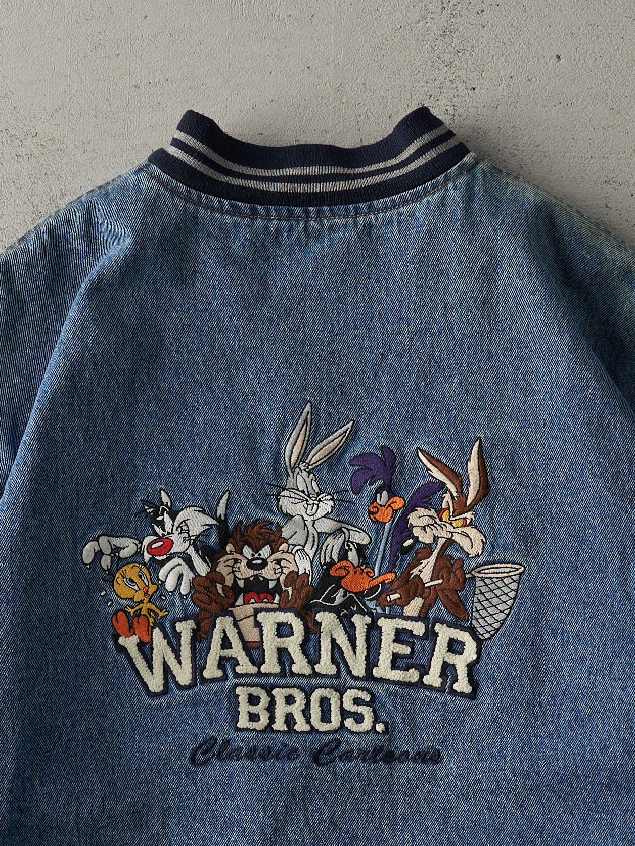 Vintage 98' Light Wash Embroidered Warner Bros. Denim Varsity Jacket (M/L)