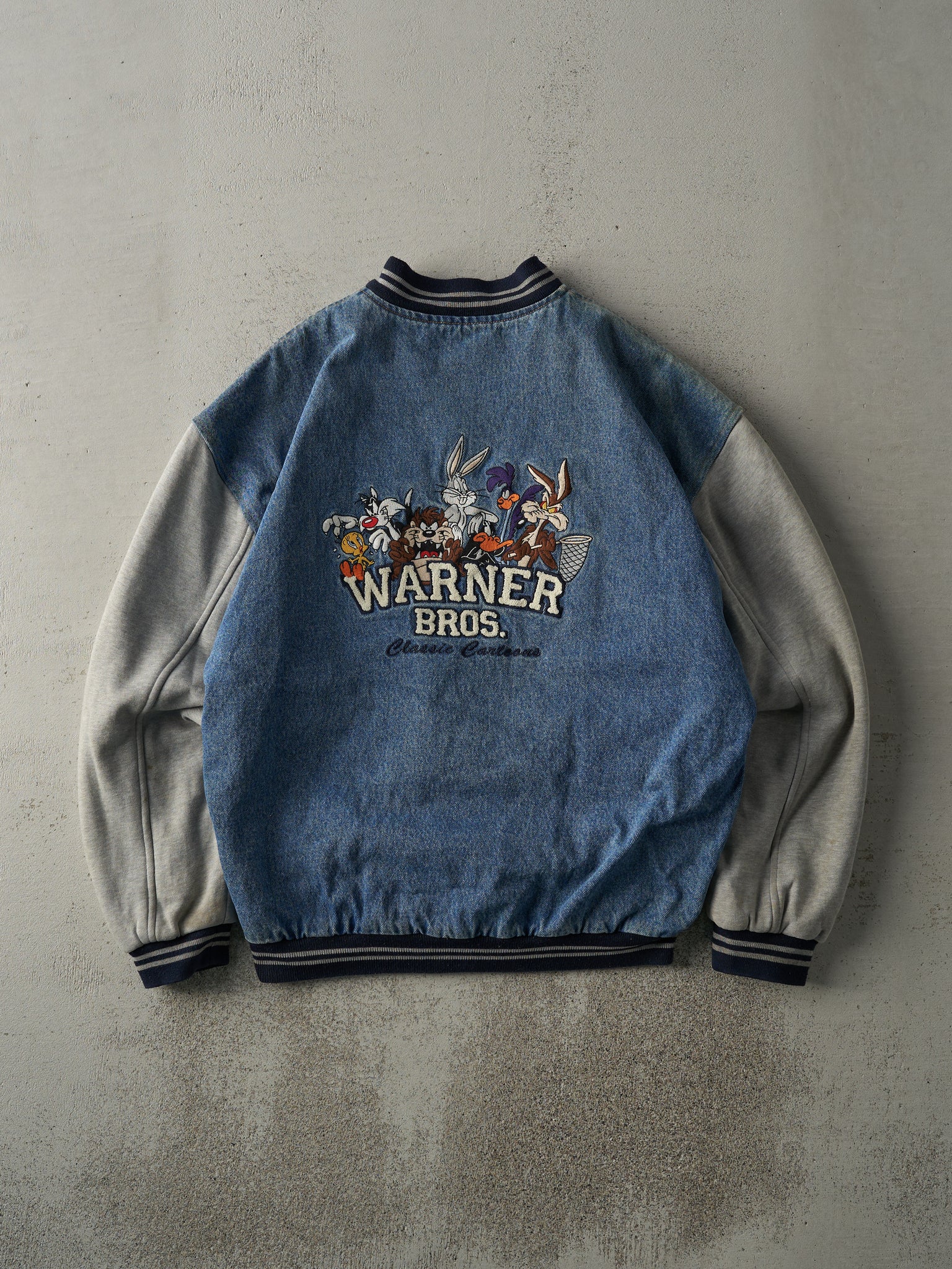 Vintage 98' Light Wash Embroidered Warner Bros. Denim Varsity Jacket (M/L)