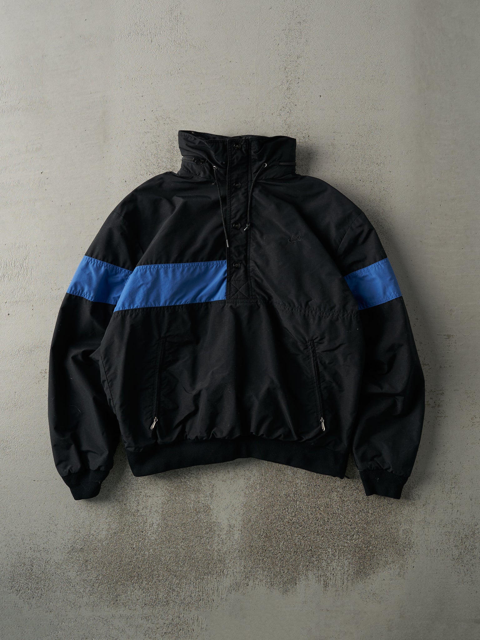 Vintage 90s Black & Blue Embroidered Nike Fleece Lined Quarter Button Wind Breaker (M)