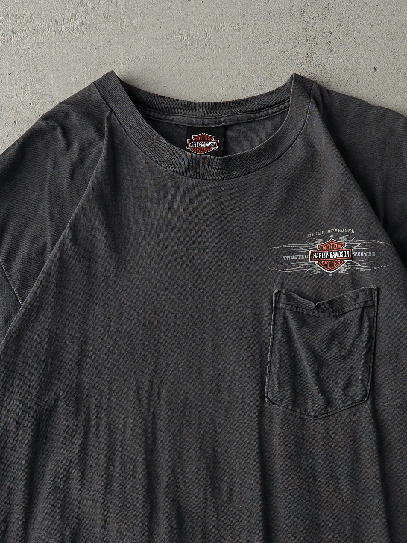 Vintage 05' Faded Black Albert Lea MN Harley Davidson Pocket Tee (M/L)