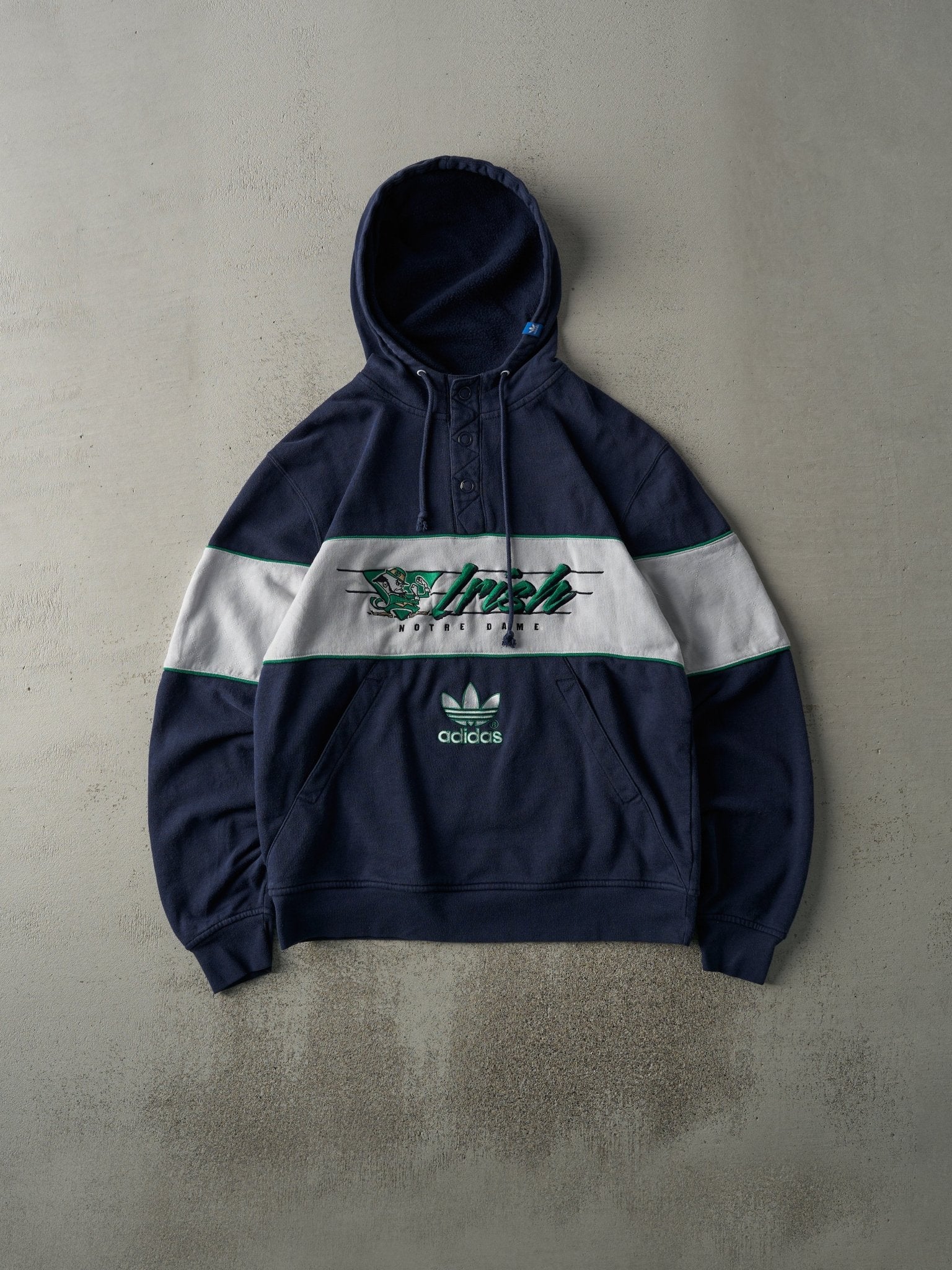 Vintage 90s Navy Blue Embroidered Quarter Button Notre Dame Fighting Irish Adidas Hoodie (M)