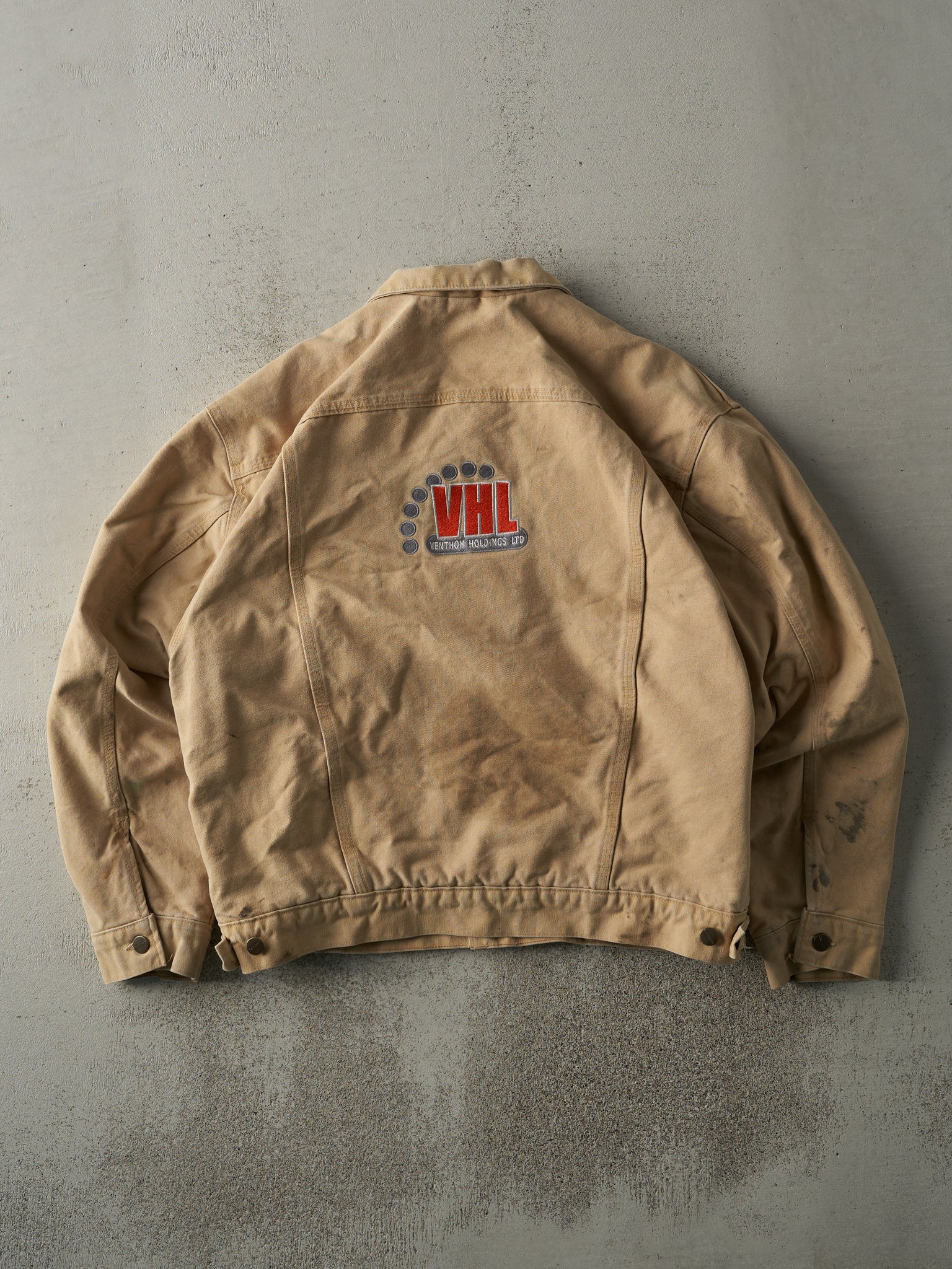 Vintage 90s Beige Embroidered Carhartt Sherpa Lined Trucker Jacket (L)