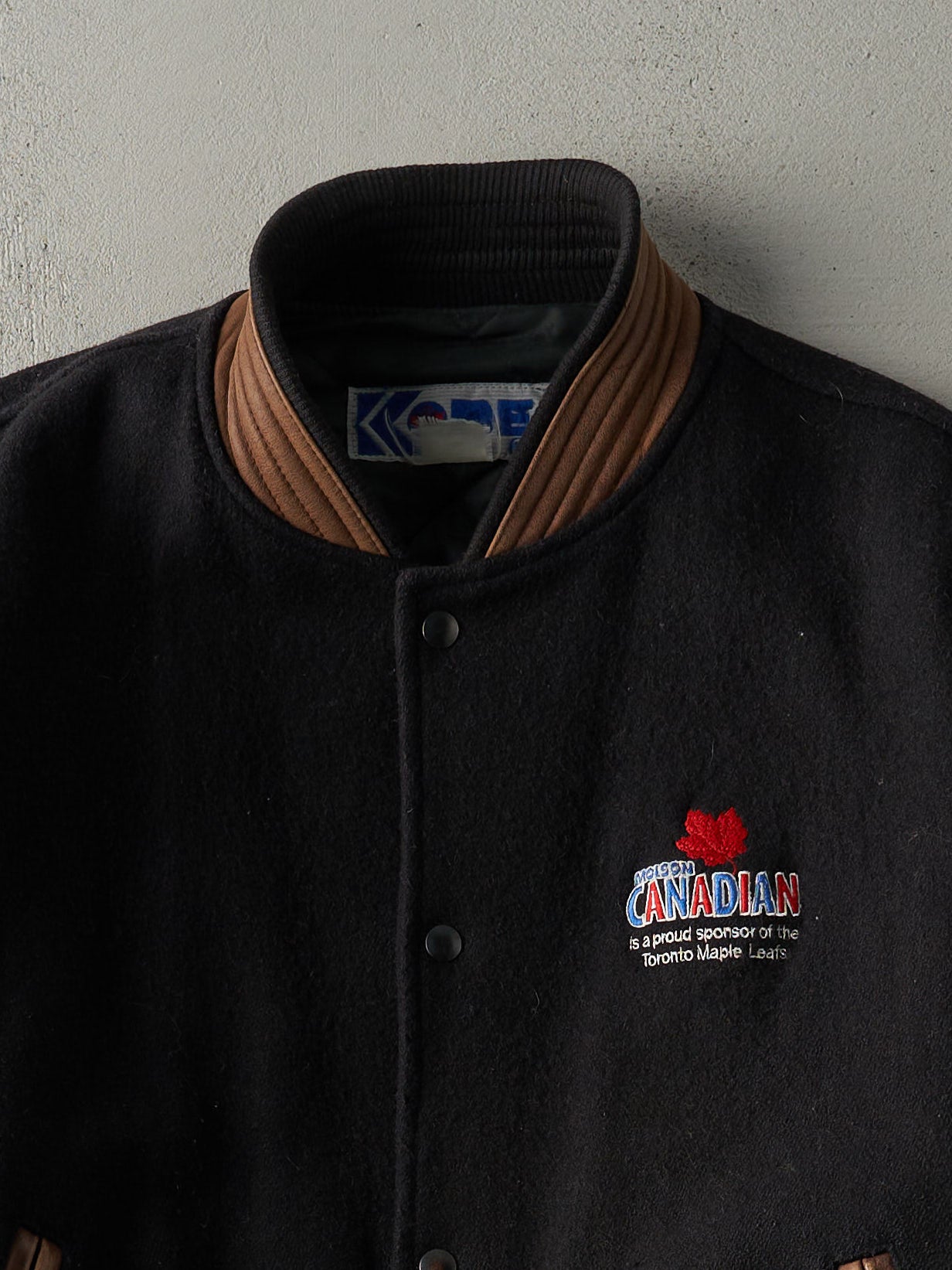 Vintage 90s Black Embroidered Molson Canadian x Toronto Maple Leafs Wool Varsity Jacket (XL)