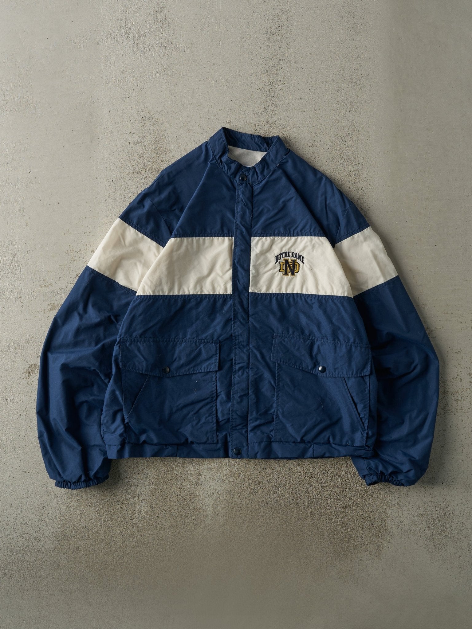 Vintage 90s Navy Blue & White Notre Dame Windbreaker Jacket (L)