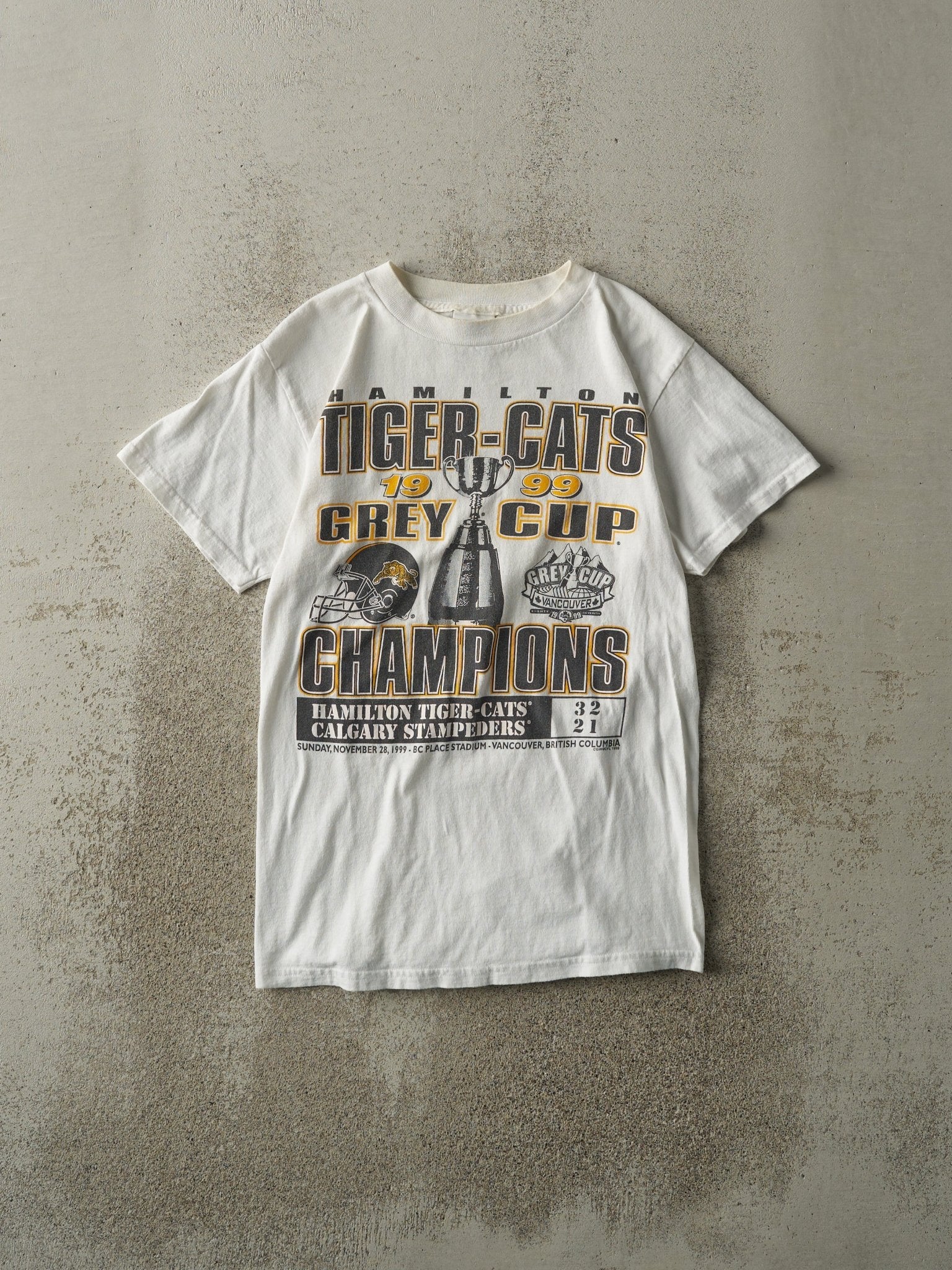 Vintage 99' White Hamilton Tiger-Cats Grey Cup Champions Tee (XS)